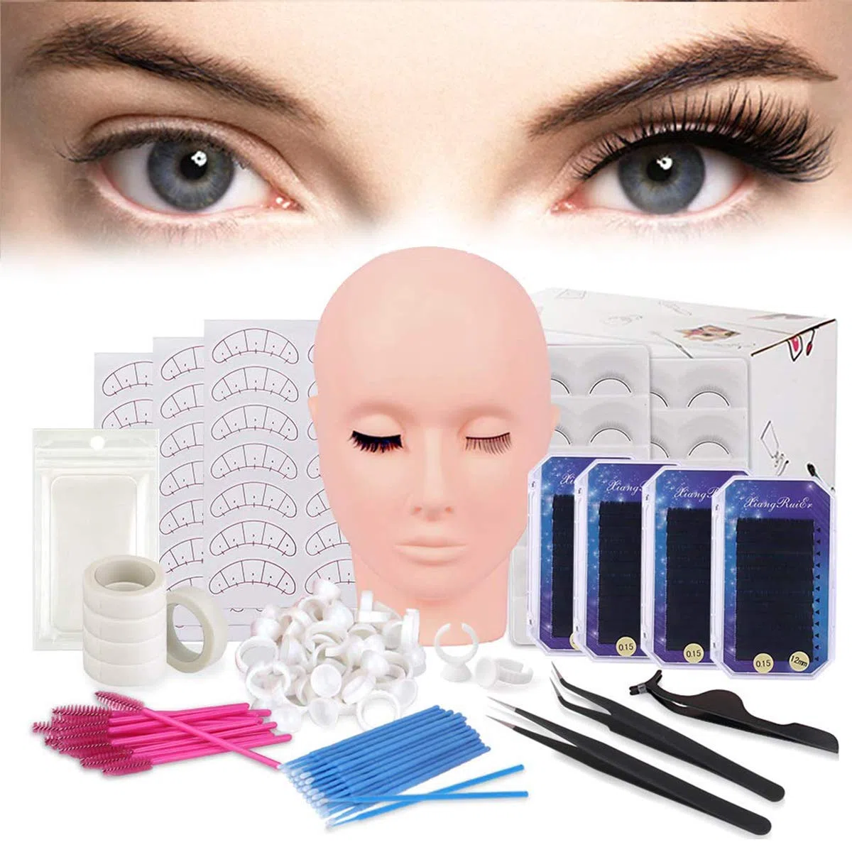 Kit D'extension De Cils, TopDirect 15 Pièces Formation Professionnelle En Tête De Mannequin Kit Complet d'Extension de cils kit d'extension de cils pour Formation de maquillage