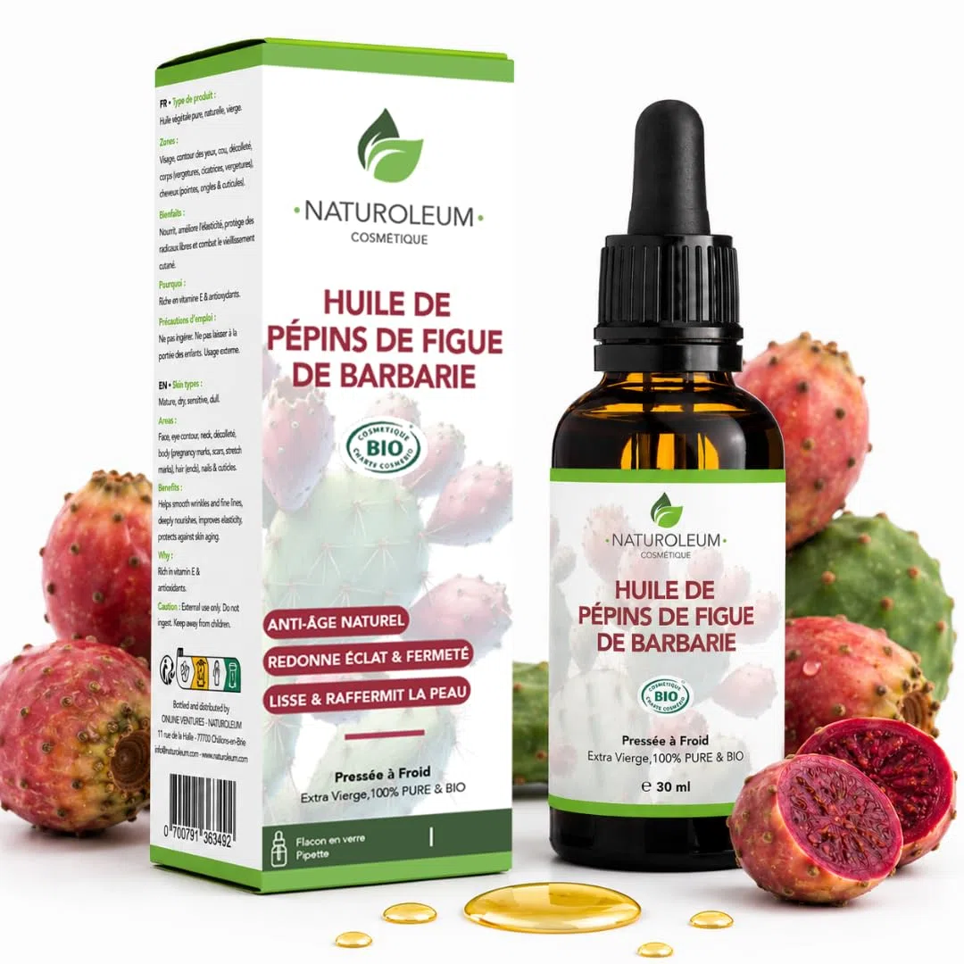 Huile de Pépins de Figue de Barbarie Bio 100% Pure, Pression à Froid, Anti-âge, Riche en Vitamine E, Visage, 30 ml