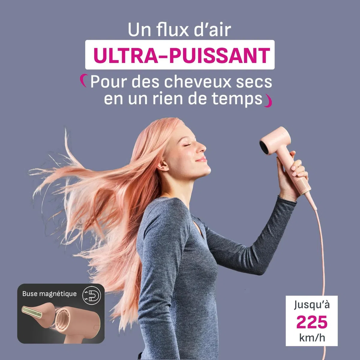 Calor Blumia, Sèche-cheveux ultra compact et léger, Moteur digital, Flux d'air 225km/h, Contrôle de température, Buse magnétique, Facile à ranger et transporter, Pêche, HY5N11C0