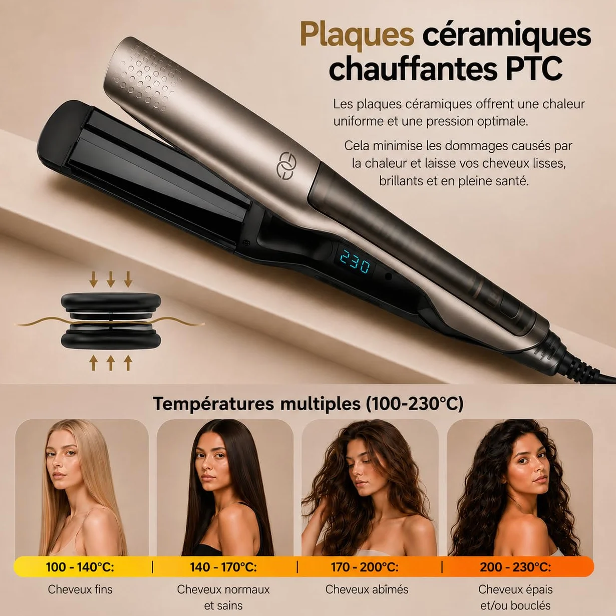 Lisseur Cheveux Steampod Pro Fer à Boucler 230ºC Céramique Ionique