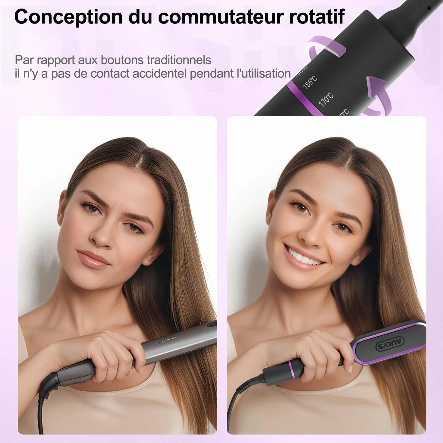 Brosse Lissante Chauffante Céramique avec Chauffage PTC 25s, 5 Températures Ajustables 140-200°C, Anti-Brûlure