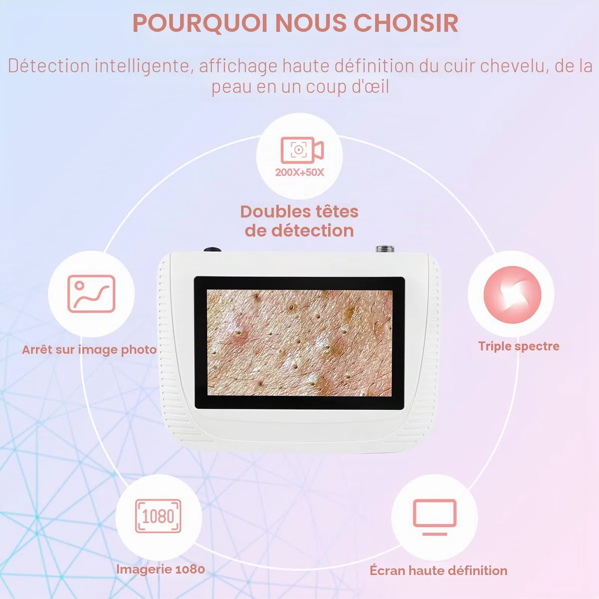 Analyseur de cheveux en cuir, microscope numérique LCD de 5 pouces, scanner détecteur de cuir chevelu, 50X 200X, portable, rechargeable, huile de follicule pileux, détecteur d'augmentation d'humidité