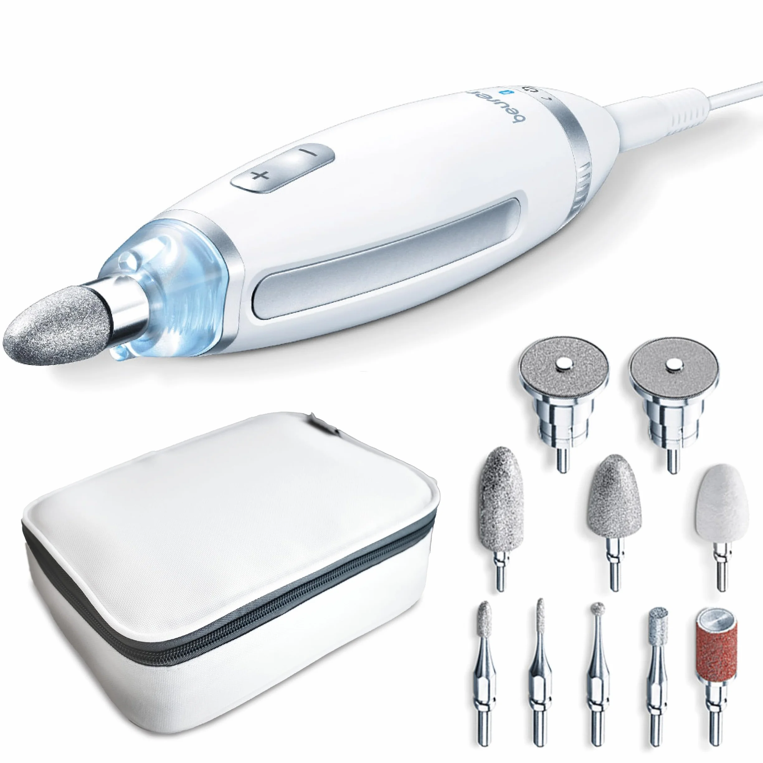 Beurer MP 62 Set de manucure/pédicure, lime à ongles électrique avec 10 embouts, lumière LED, réglage de vitesse, blanc