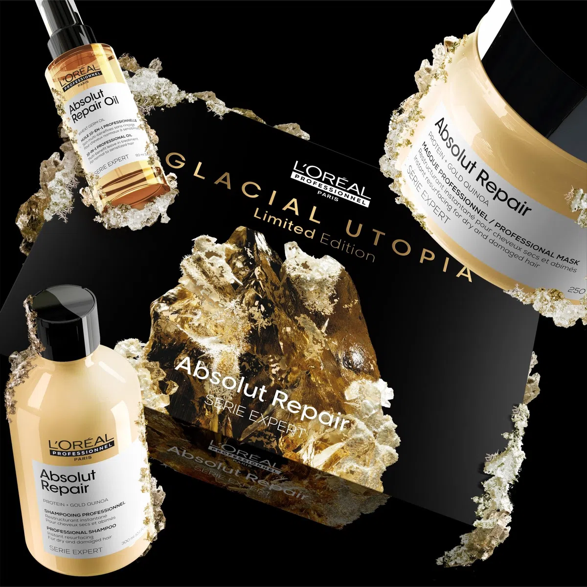 L'Oréal Professionnel, Coffret Cadeau Absolut Repair, Routine Réparatrice, Cheveux Secs & Abîmés, Trio Shampoing + Masque + Huile 10-En-1, Édition Limitée Serie Expert