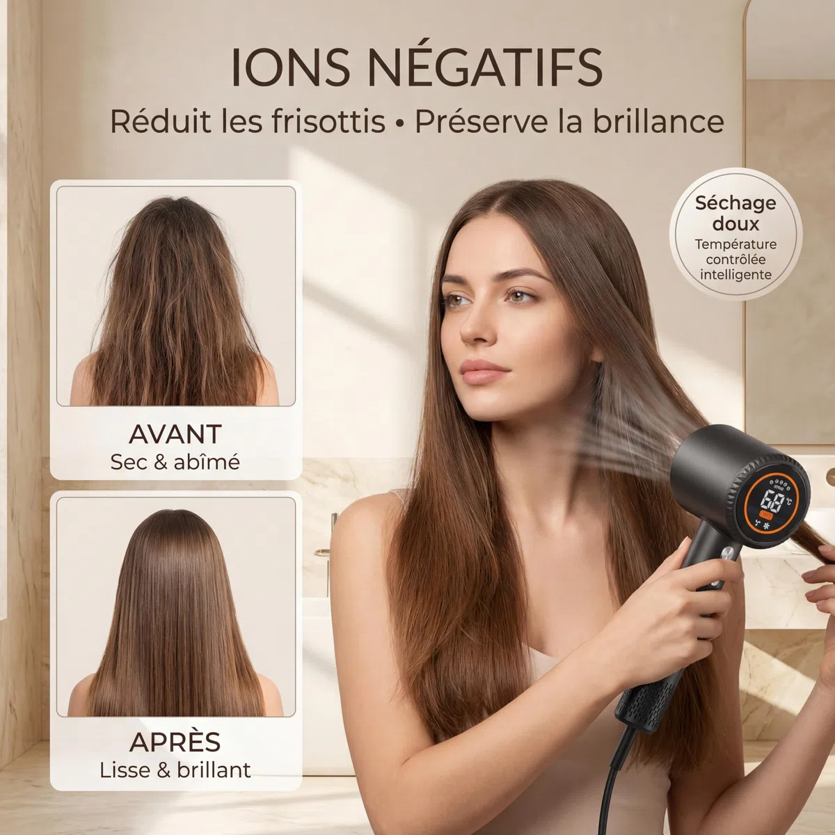 Sèche Cheveux Ionique Professionnel, Moteur Haute Vitesse 110 000 tr/min, Séchage Rapide, 300 Millions Ions Négatifs, 59 dB Silencieux, Léger 348 g, Contrôle Température, Diffuseur Magnétique