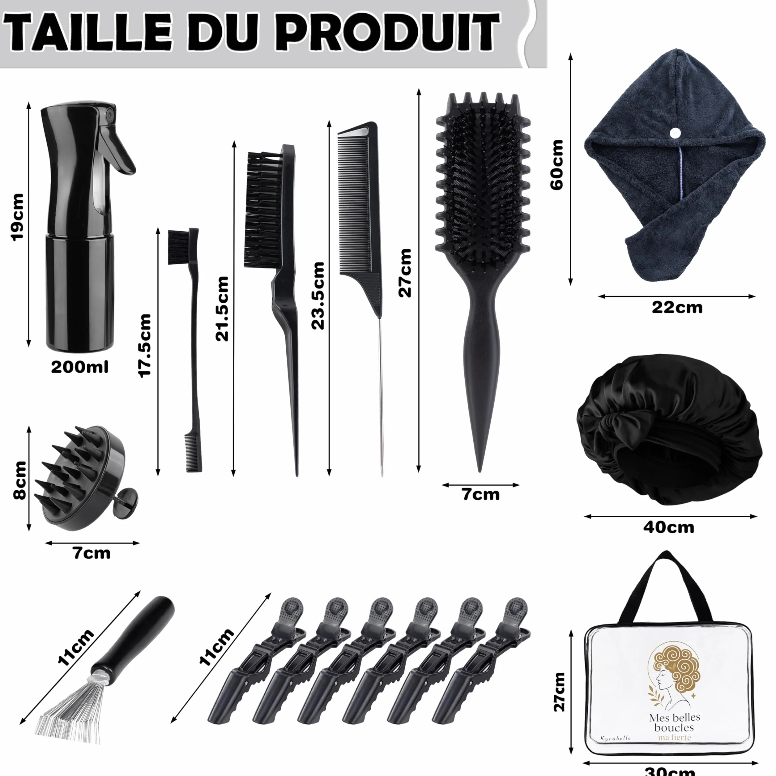 Kit Complet Cheveux Bouclés Frisés Crépus Ondulés Brosse Définition Spray 200ml Bonnet Satin Serviette Microfibre Accessoires Brosse Massante Cuir Chevelu Routine Anti-frisottis