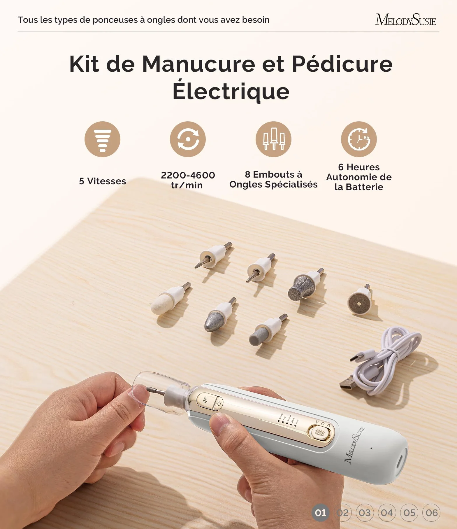 MelodySusie Ponceuse pour Ongles PC760G Kit Manucure Pédicure LED 360° 5 Vitesses Rechargeable Sans Fil Blanc&Or