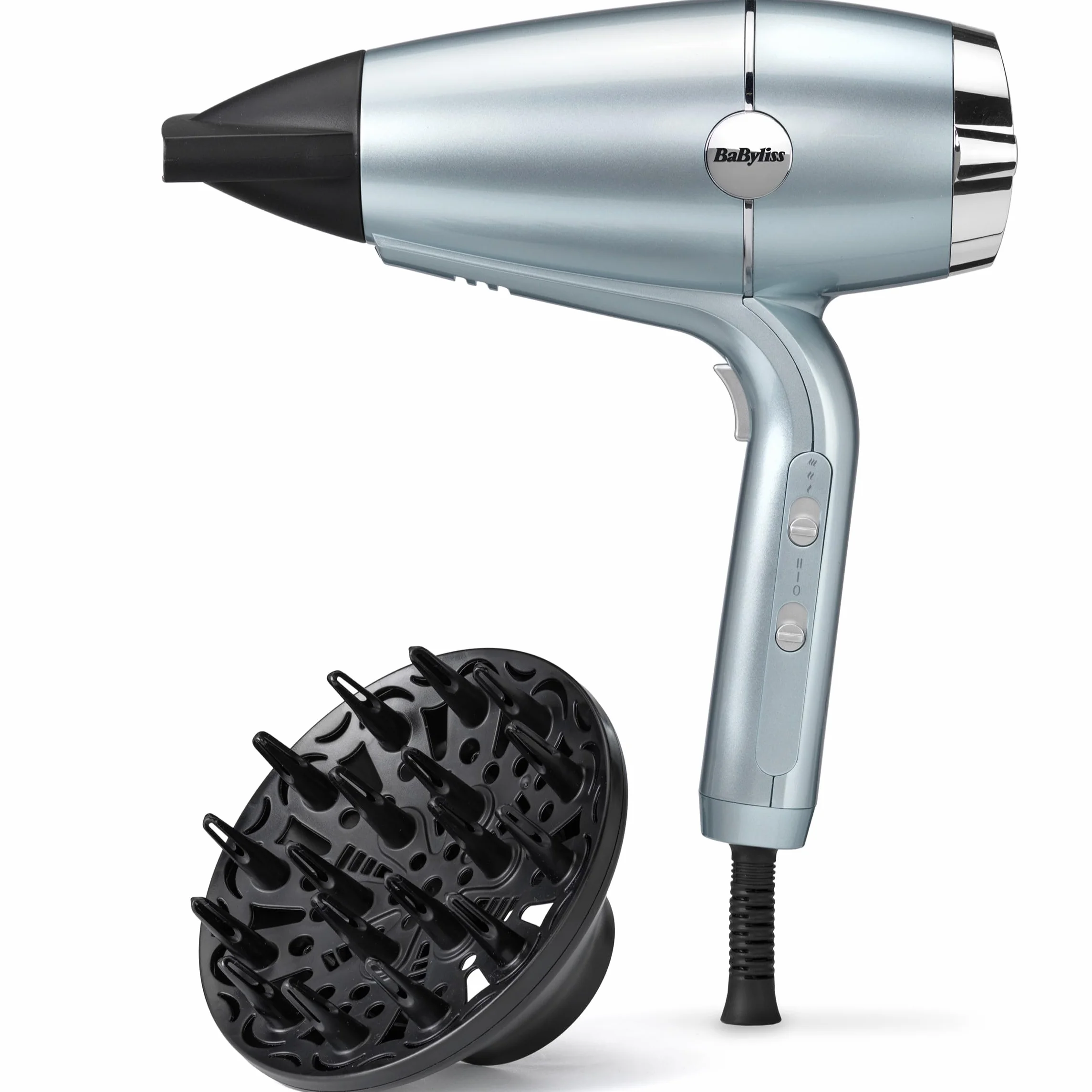 Sèche‑cheveux BaByliss Hydro‑Fusion avec Diffuseur – Sèche‑cheveux ionique professionnel 2100 W, technologie plasma pour brillance, design léger, 3 températures & 2 vitesses, bleu, D773DE