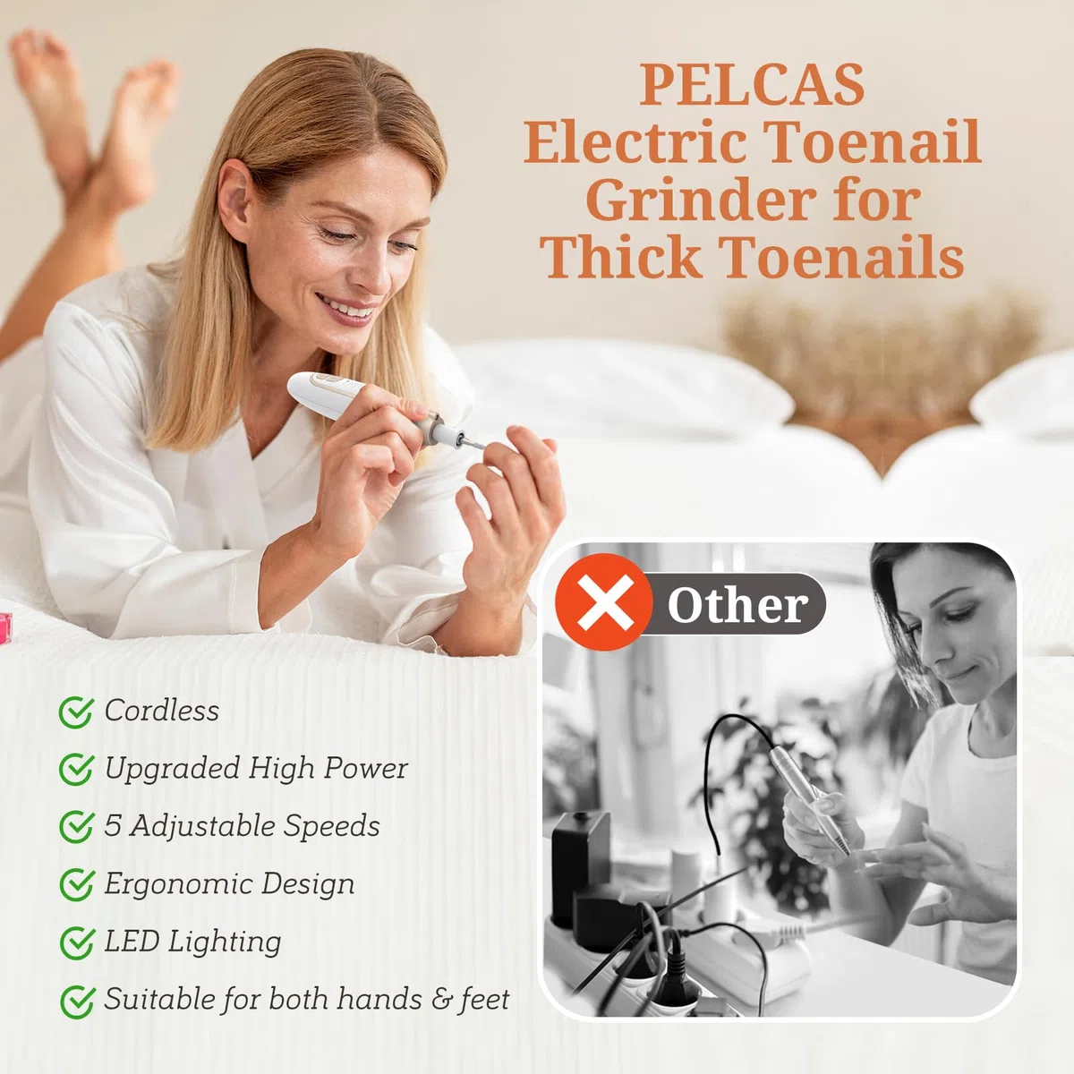 PELCAS Ponceuse Ongles Électrique 45 000 RPM, Lime à Ongles Sans Fil avec 5 Vitesses, Lumière LED, Kit Manucure Pédicure