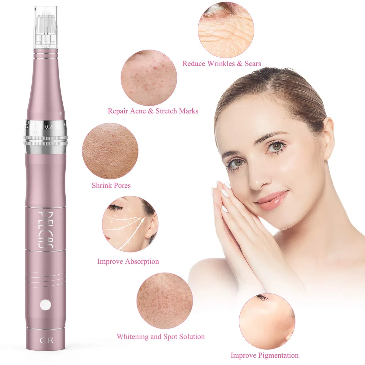 PELCAS Microneedling pour Visage, Stylo Beauté Microneedling avec 12 Cartouches & 3 Vitesses - Soin Visage/Cou/Contour des Yeux, Peau Éclatante