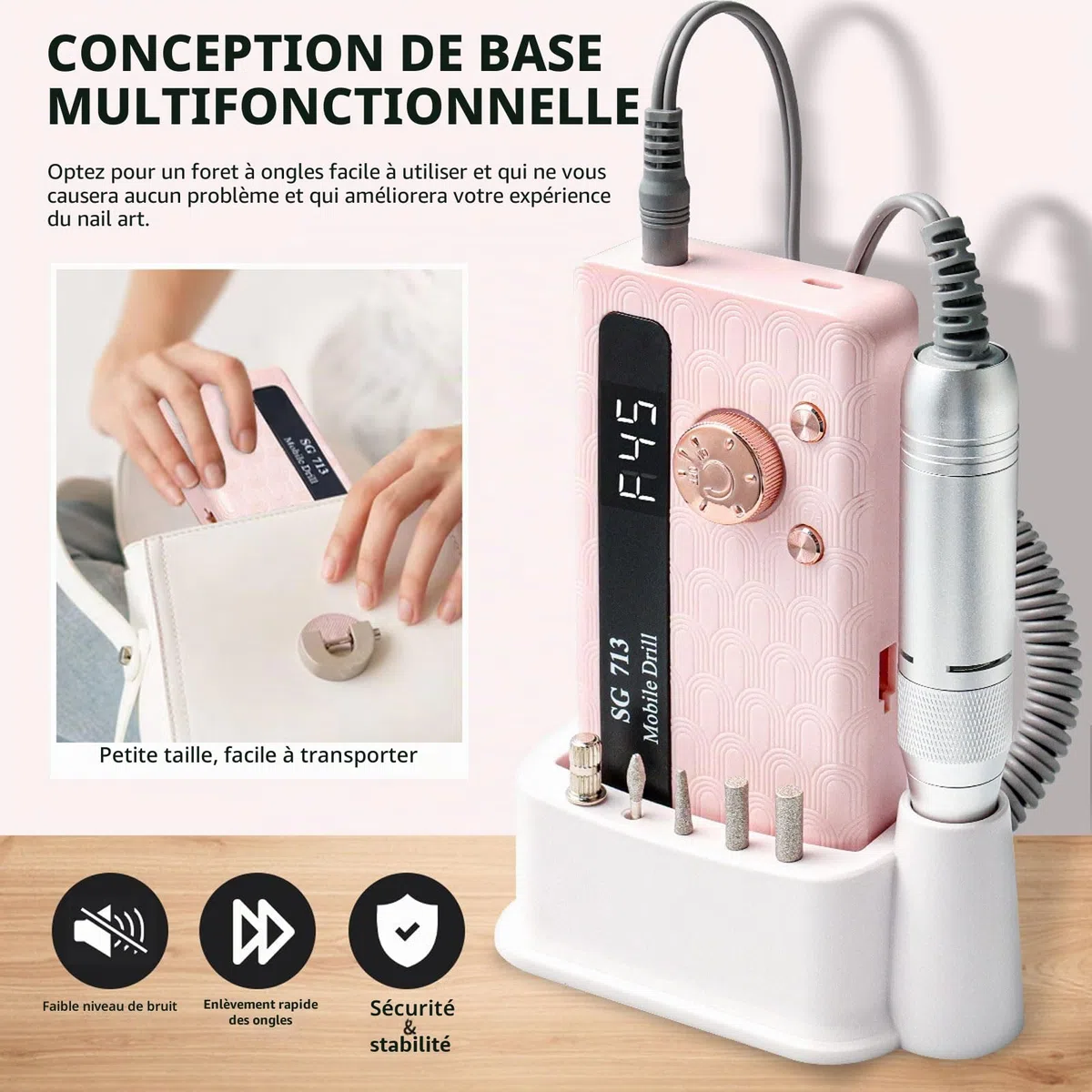 Ponceuse pour Ongles Professionnelle 45000 RPM Portable Rechargeable avec 13 Embouts et 56 Bandes de Ponçage, LCD écran, Ultra Silencieuse, Silencieuse pour Salon/Maison (Rose)