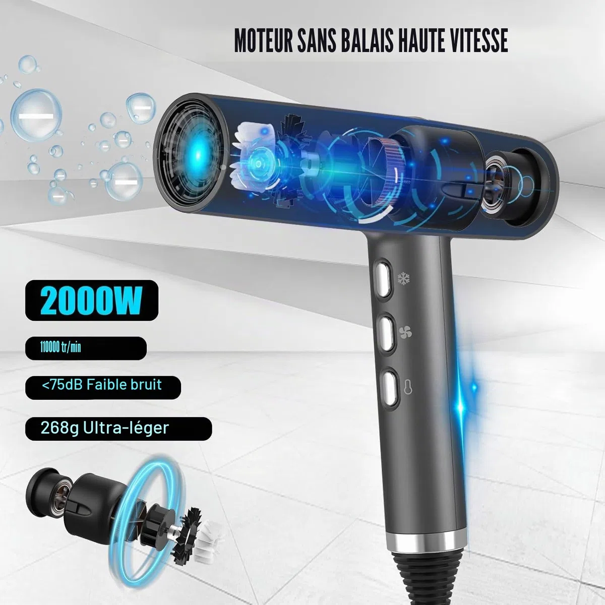 Slopehill Sèche-Cheveux Professionnel avec Moteur Sans Balais Unique | Micro-Filtre Innovant | Technologie Oxy Active | Affichage Led | 268g Super Léger, 2000w (Gris)