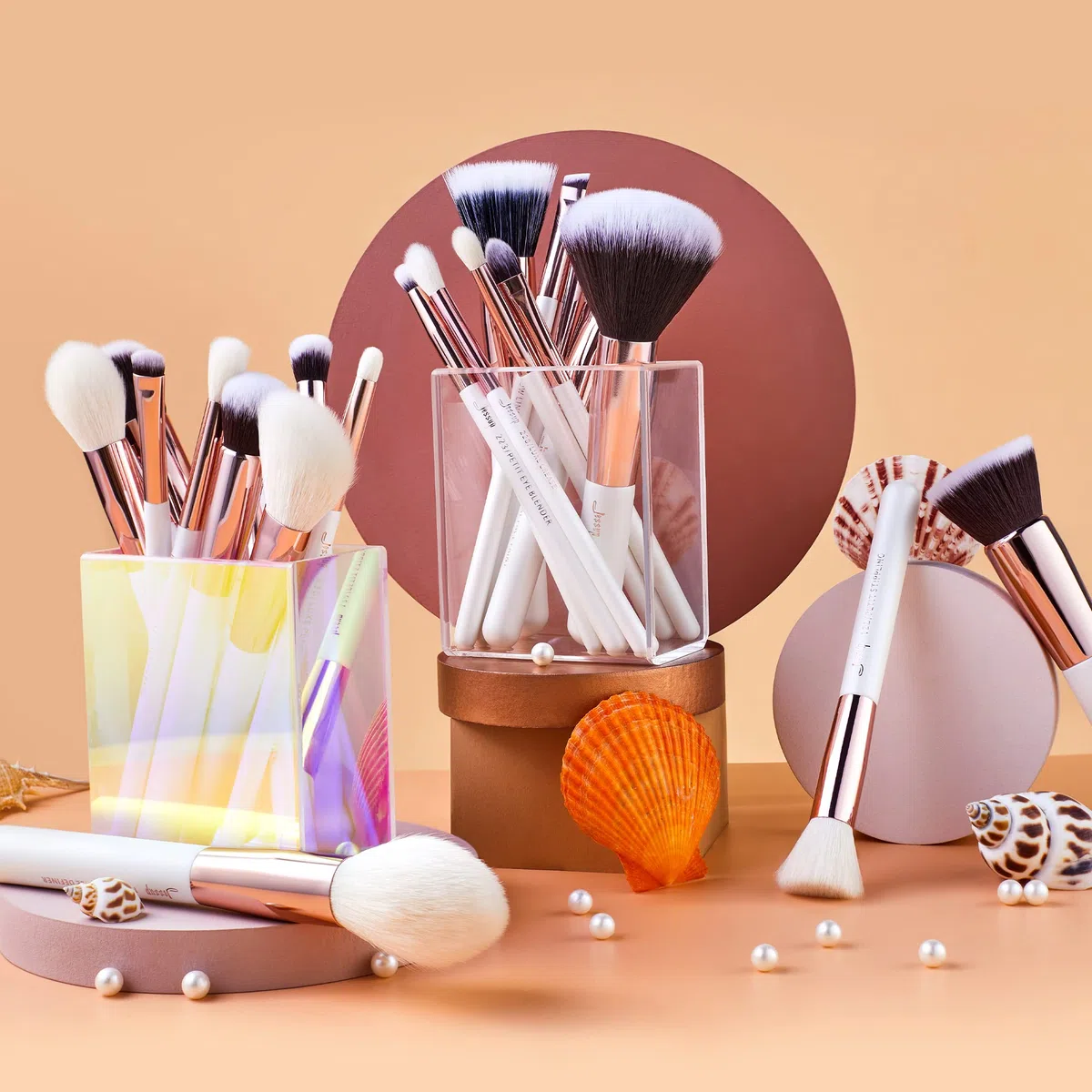 Jessup pinceaux maquillages 25 pièces kit professionnel pinceau a maquillage fond de teint poudre, fard à joues rouge lèvres brosses maquillage cheveux synthétiques naturelles Blanc/Or rose T215