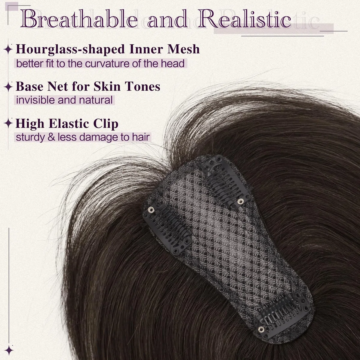 RUWISS Topper Cheveux Humain Femme Marron Foncé Hair Topper Natural Postiches à Clip Légère Droits Cheveux Humains sans Franges