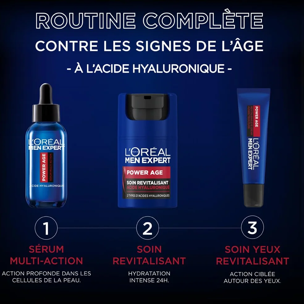 L'Oréal Men Expert Trousse Routine Experte Homme Soins Visage Revitalisant Anti-Âge Acide Hyaluronique Power Age 3 Produits