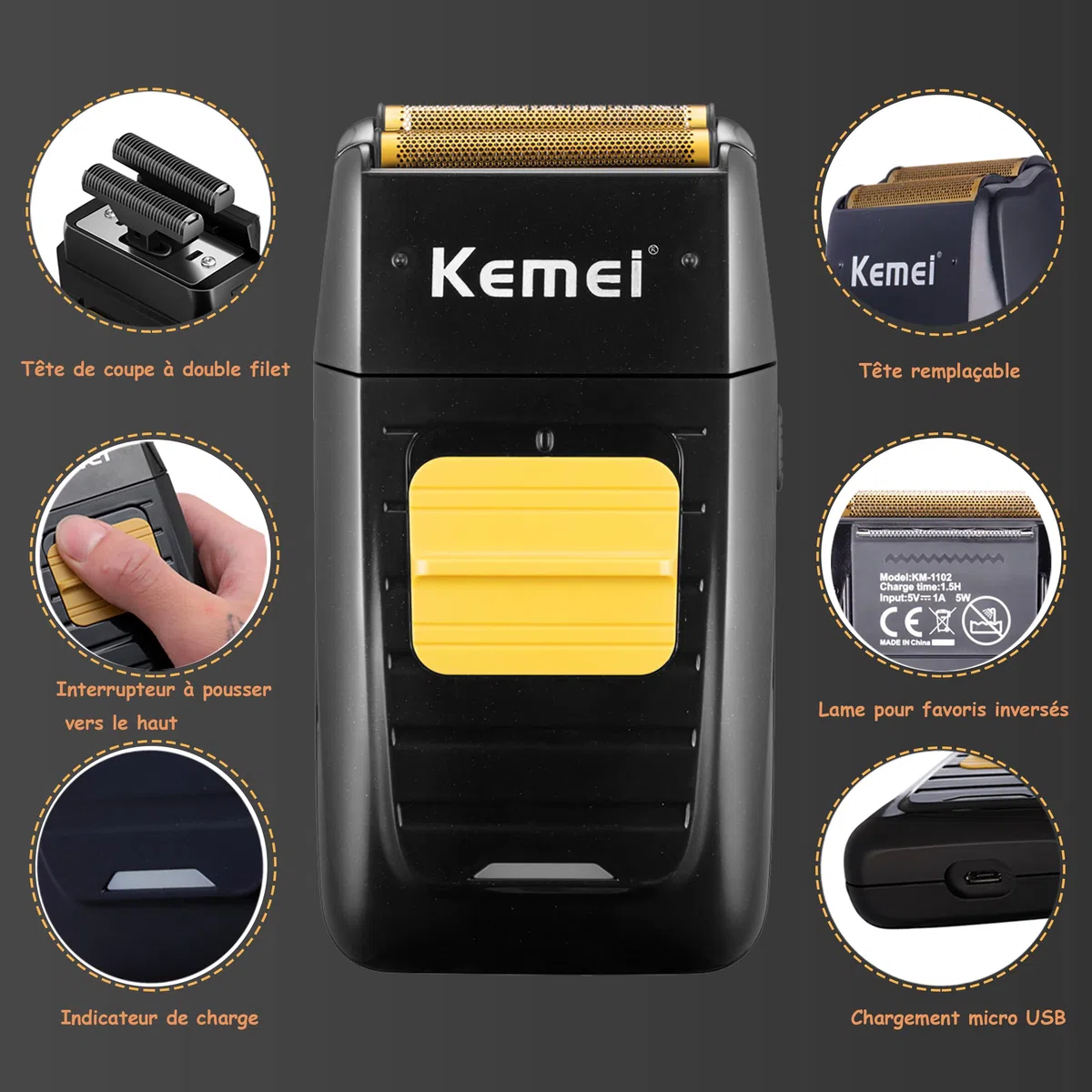 Kemei Rasoir électrique pour homme - Tondeuse à cheveux professionnelle sans fil - Rasoir tête chauve 1102+2299