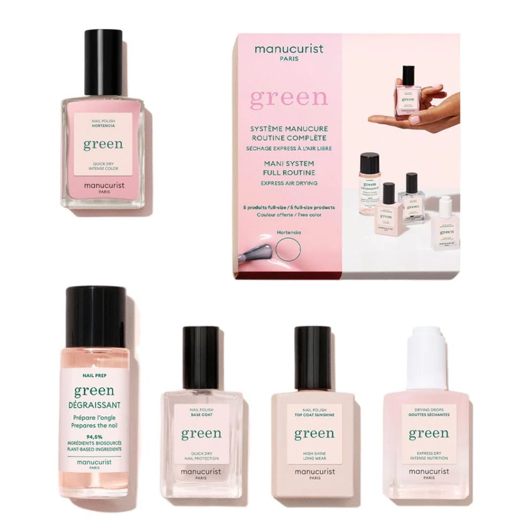 Manucurist Système Green™ Rose Pâle (Hortencia) - Kit Manucure Professionnel Vegan Biosourcé : 1 Dégraissant, 1 Base Coat, 1 Vernis à Ongles, 1 Top Coat, Gouttes Séchantes - Coffret Cadeau Femme