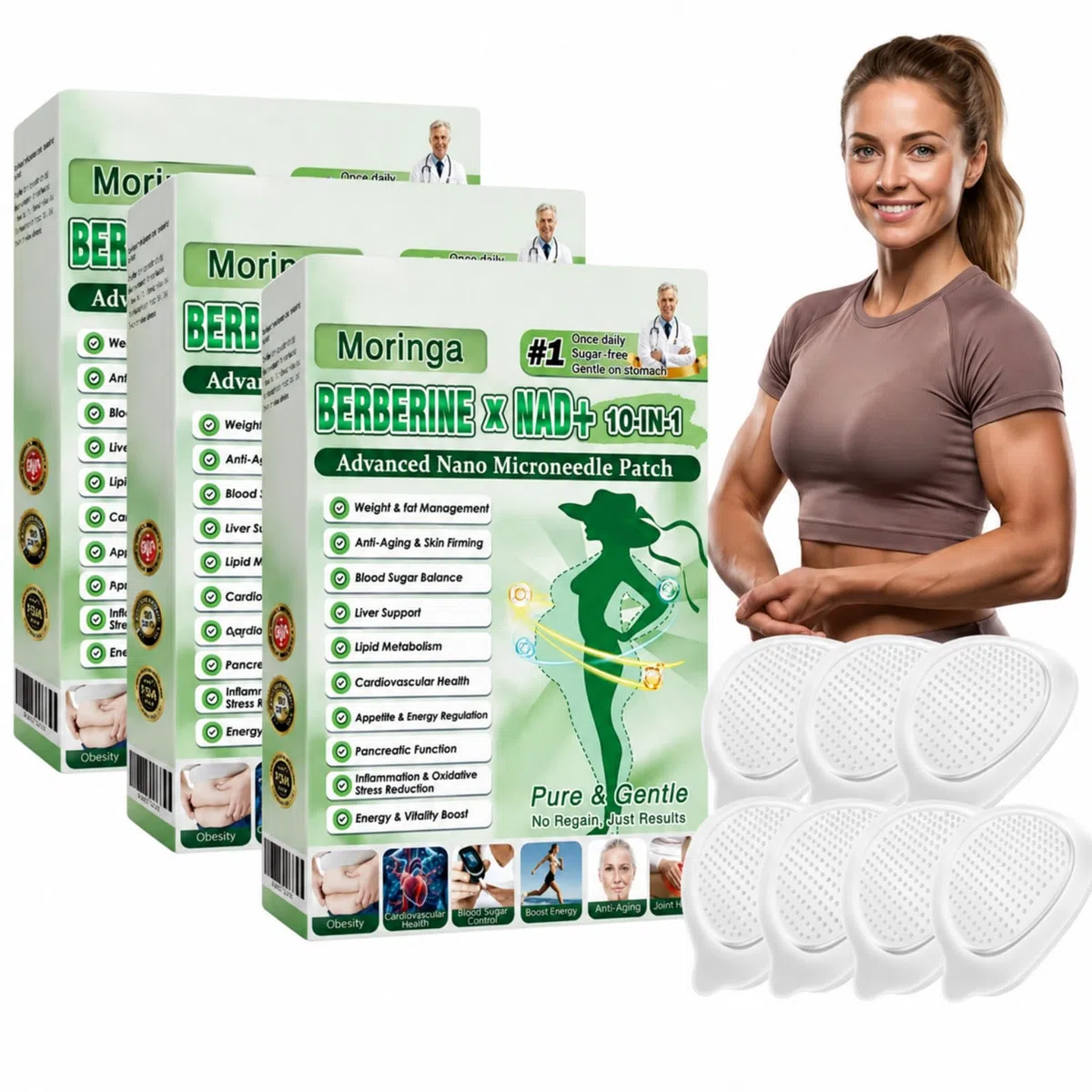 Moringa Berberin x NAD+ Lot de 7 Patchs Minceur Naturels à Micro-Aiguilles, Berberine Perte de Poids