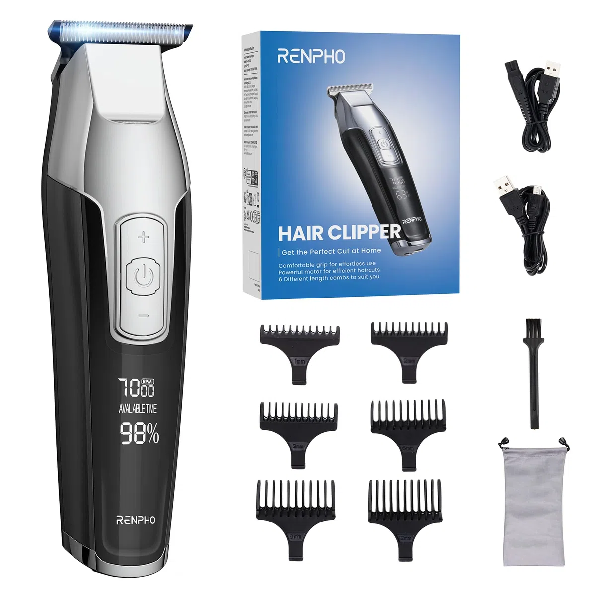 RENPHO Tondeuse Cheveux Hommes, Tondeuse Barbe avec Lames Tranchantes, Écran à LED, Kit de Appareils et Outils de Coiffure avec Plusieurs Accessoires