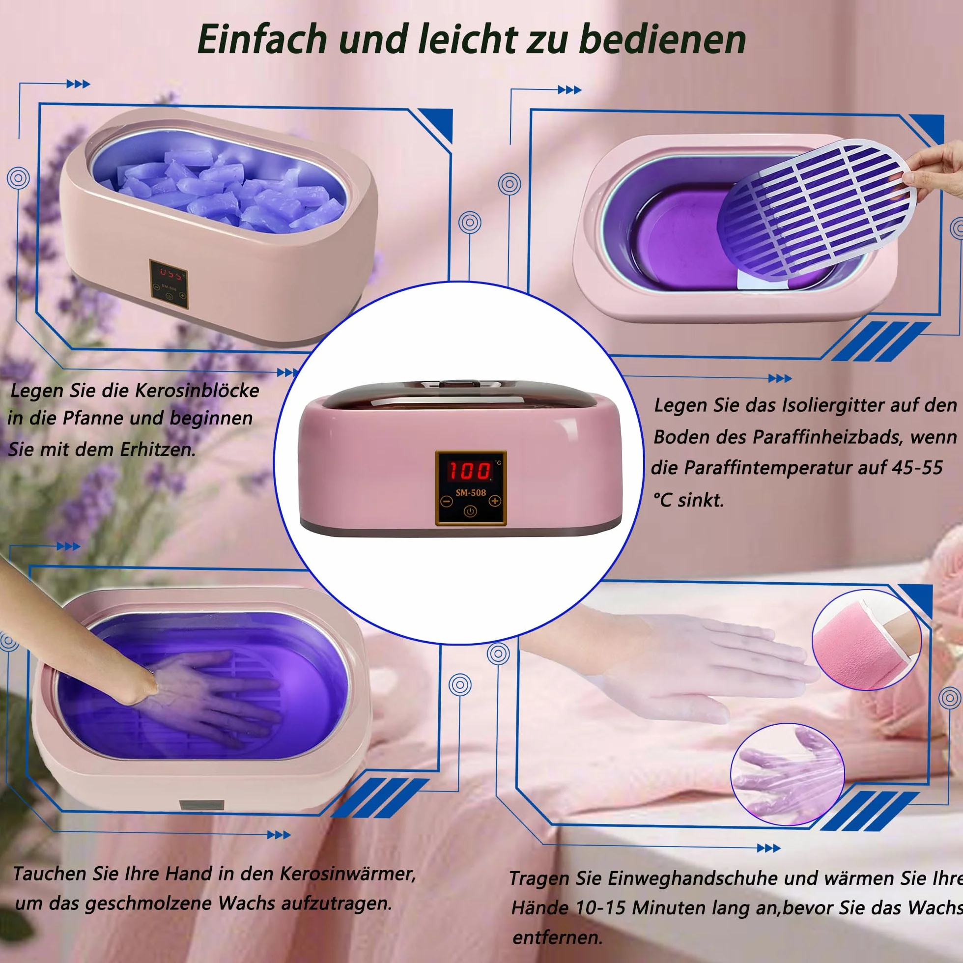 Bain de paraffine 4000ml pour mains et pieds, cire de paraffine 900g avec accessoires, soin peaux sèches (rose)