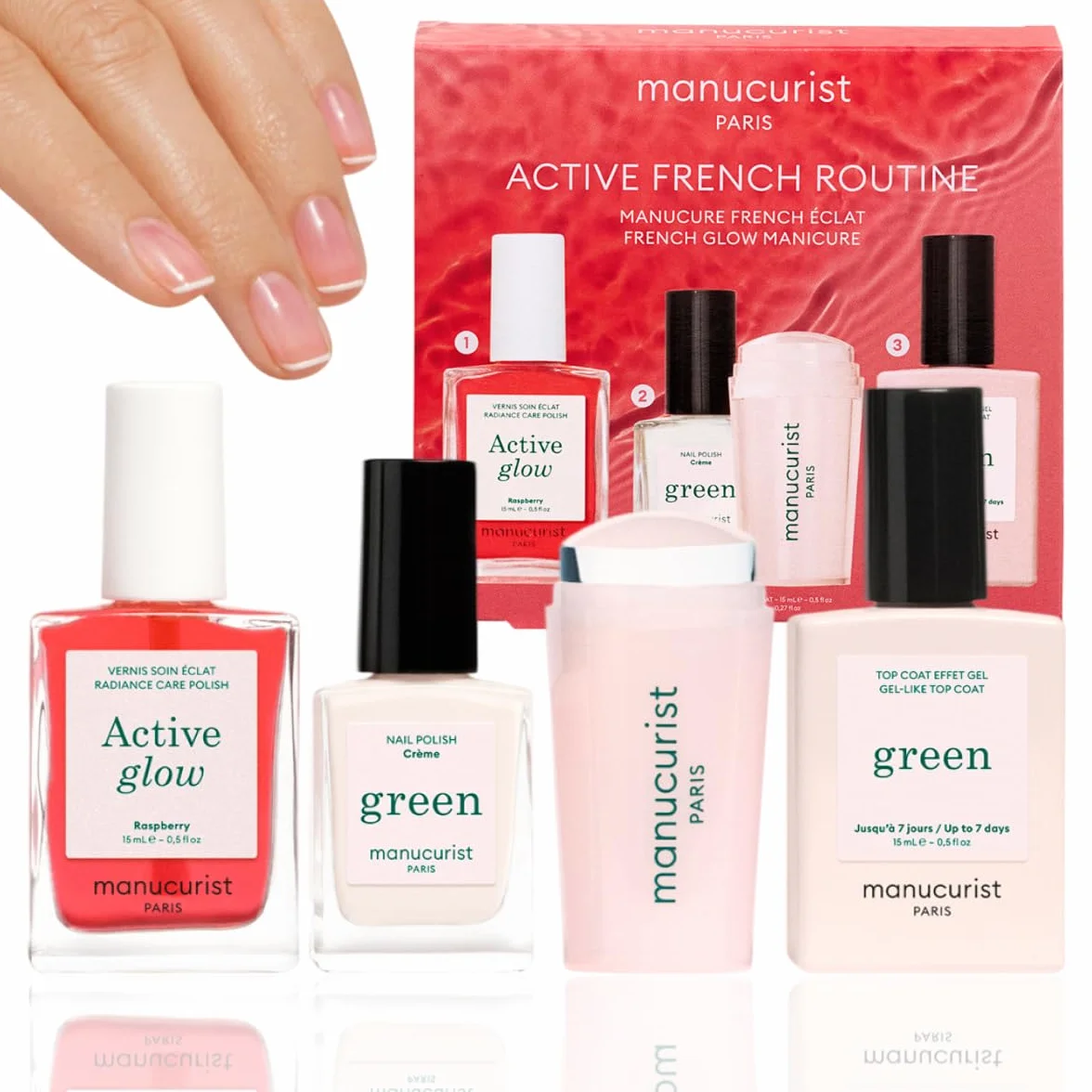Kit French Manucure par Manucurist - Active™ Glow Raspberry, Vernis à Ongles Green™ Crème, Tampon French Manucure Mani Stamper, Top Coat Effet Gel Sunshine - Vernis à Ongles Soin
