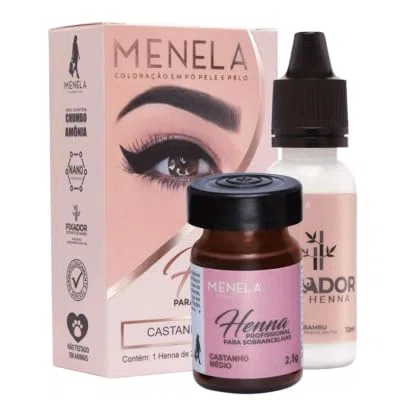 Kit Henna Professionnel pour Sourcils Menela | Henné 2,5 g + Fixateur 15 ml | Usage professionnel (Castanho Moyen)