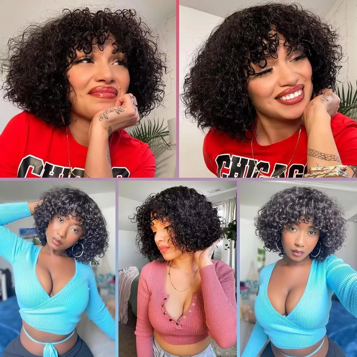 Perruque Femme Naturelle Brésilien Bouclée De Cheveux Humain Avec Frange Sans Colle Curly Bob Wig With Bangs Human Hair Glueless Wig No Lace Bouclée Perruque Femme Courte Noir Naturel 10 Pouces