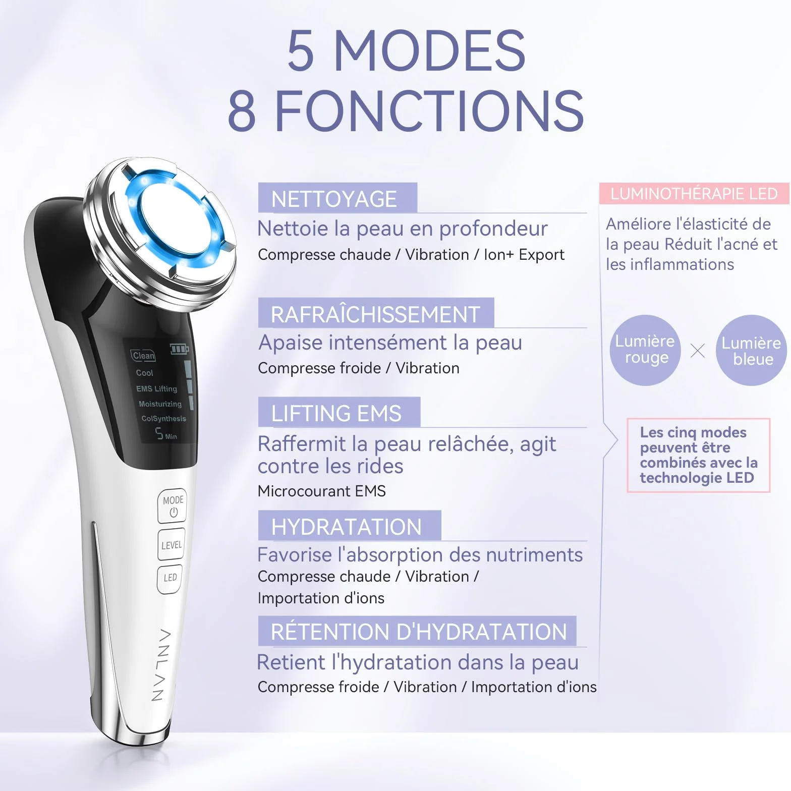 Dispositif de Beauté, ANLAN Appareil Anti Rides Visage, 5 en 1 Dispositif Multifonctionnel de Soin Visage Anti-âge avec EMS et Chaud, Froid