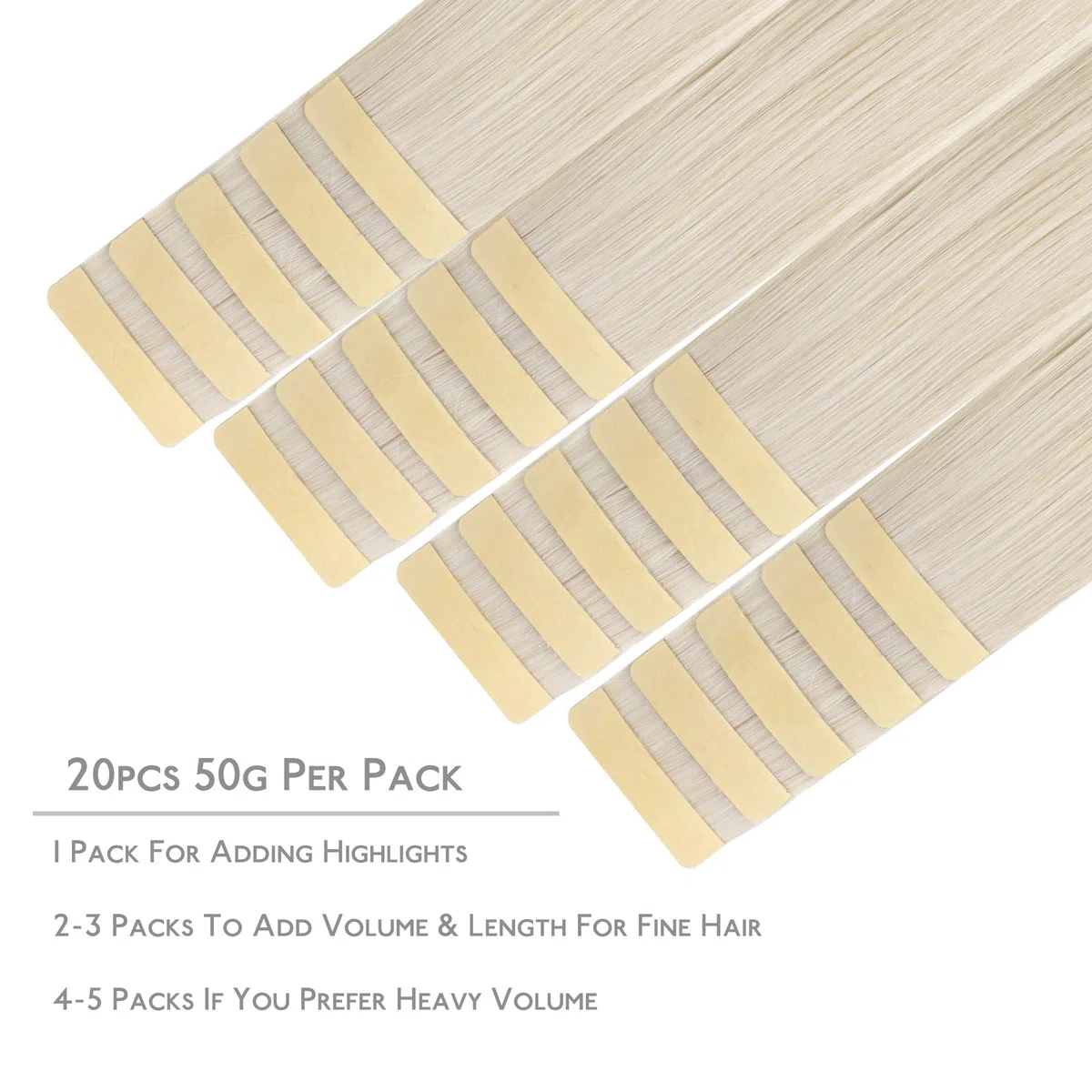 WENNALIFE Lot de 20 extensions capillaires en cheveux humains Remy invisibles, soyeux, droits, 50 g, 45 cm, blond platine