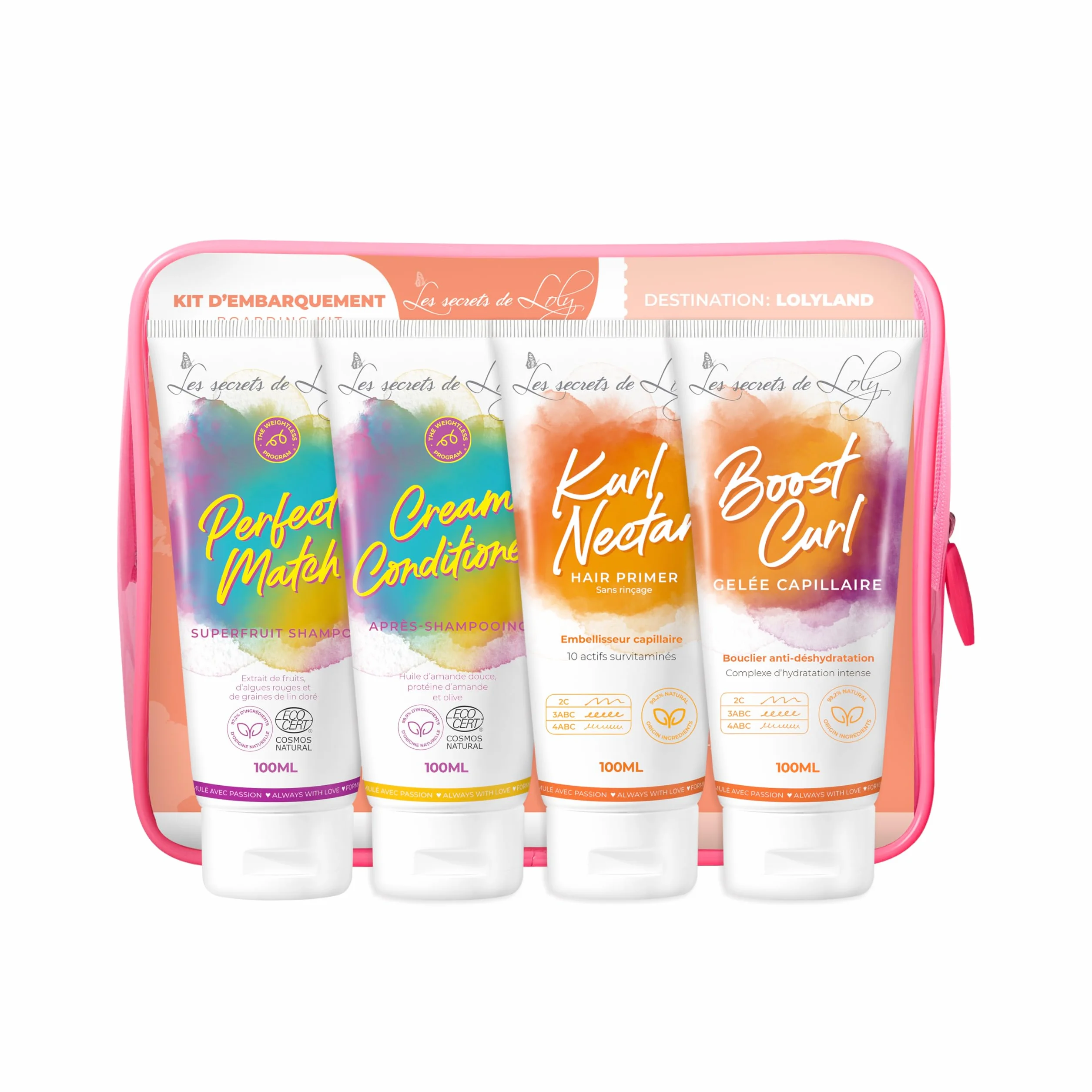 Les Secrets de Loly Trousse de Voyage Cheveux Bouclés 4 Soins 100ml Shampooing Après-Shampooing Leave-in Gelée