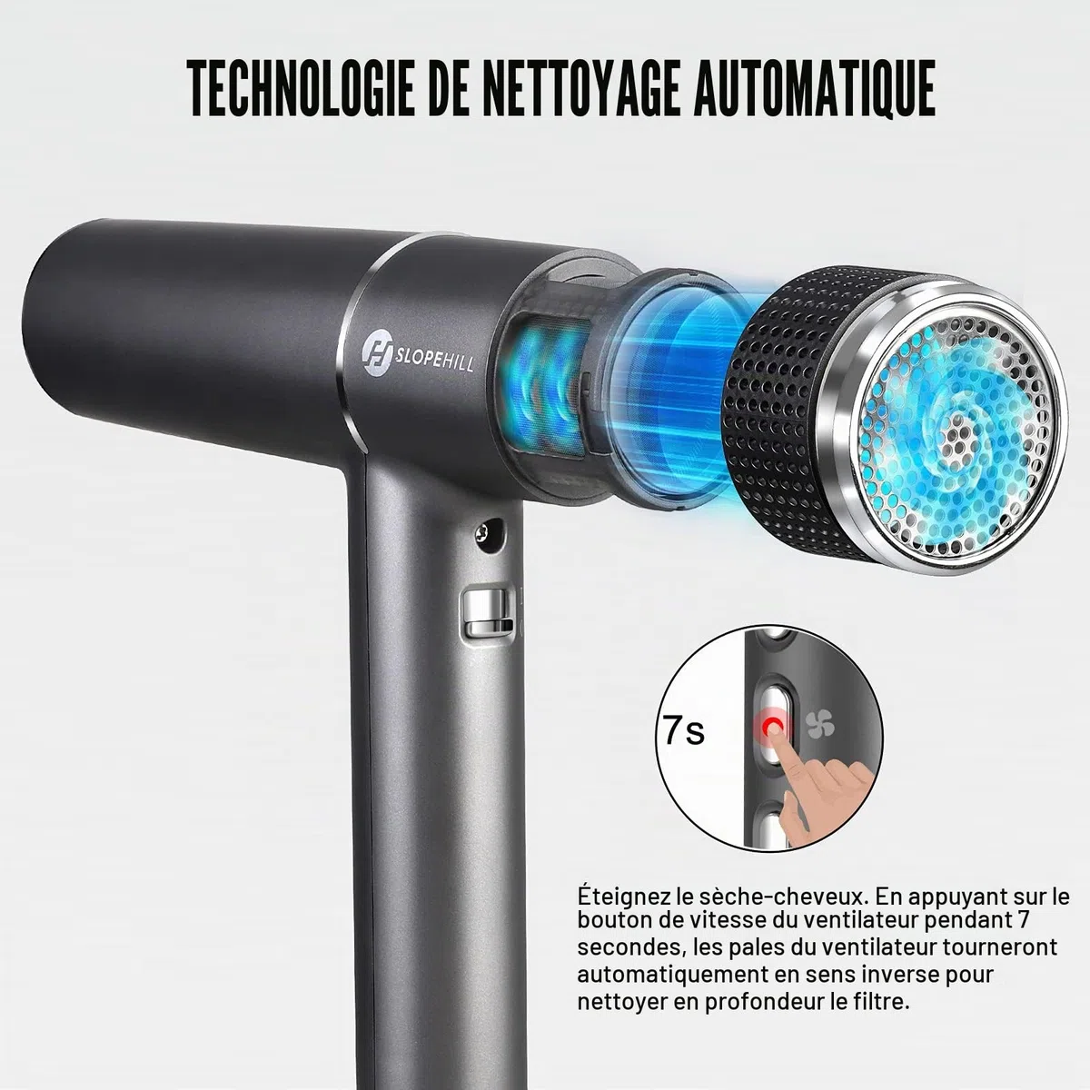 Slopehill Sèche-Cheveux Professionnel avec Moteur Sans Balais Unique | Micro-Filtre Innovant | Technologie Oxy Active | Affichage Led | 268g Super Léger, 2000w (Gris)