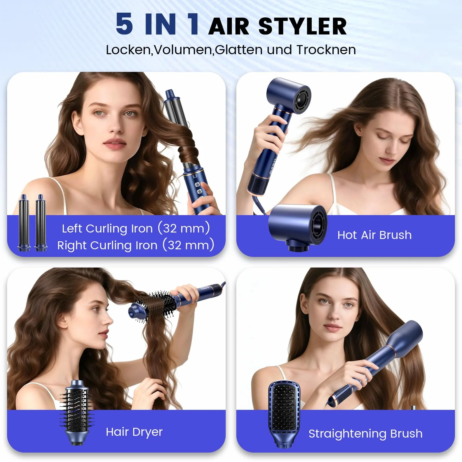 Air Brush 5 en 1 Hair Styler 1400W Seche Cheveux Brosse Lissante Fer a Boucler Bleu