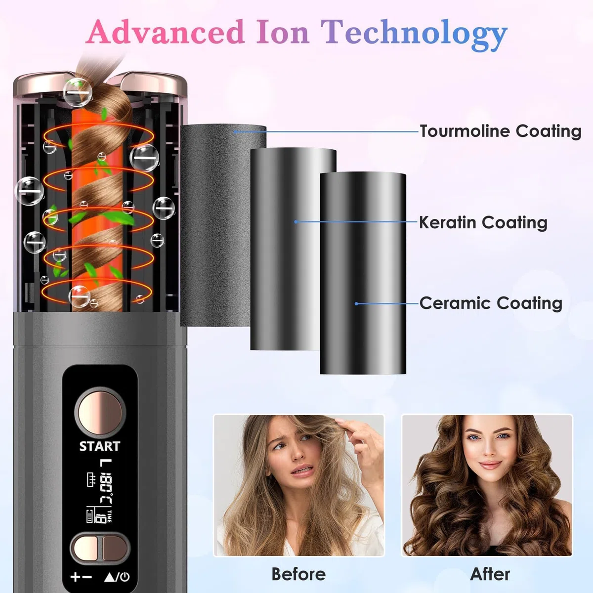 Fer a Boucler Cheveux Automatique Sans Fil Fer a Friser avec 6 Réglages de Température & Minuteur, Boucleur Céramique USB Rechargeable, Anti-brûlure, pour Cheveux Longs Courts