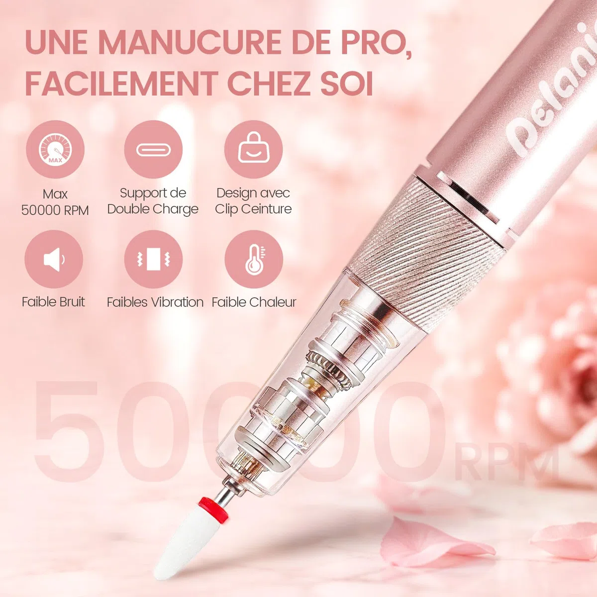 Delanie Ponceuse pour ongles Électrique Professionnel 50000 RPM avec Station de Recharge, Lime à Ongles Sans Fil pour Ongles en Acrylique Épais, 10 Heures d'autonomie, Fonction Pause, Incl. 12 Embouts