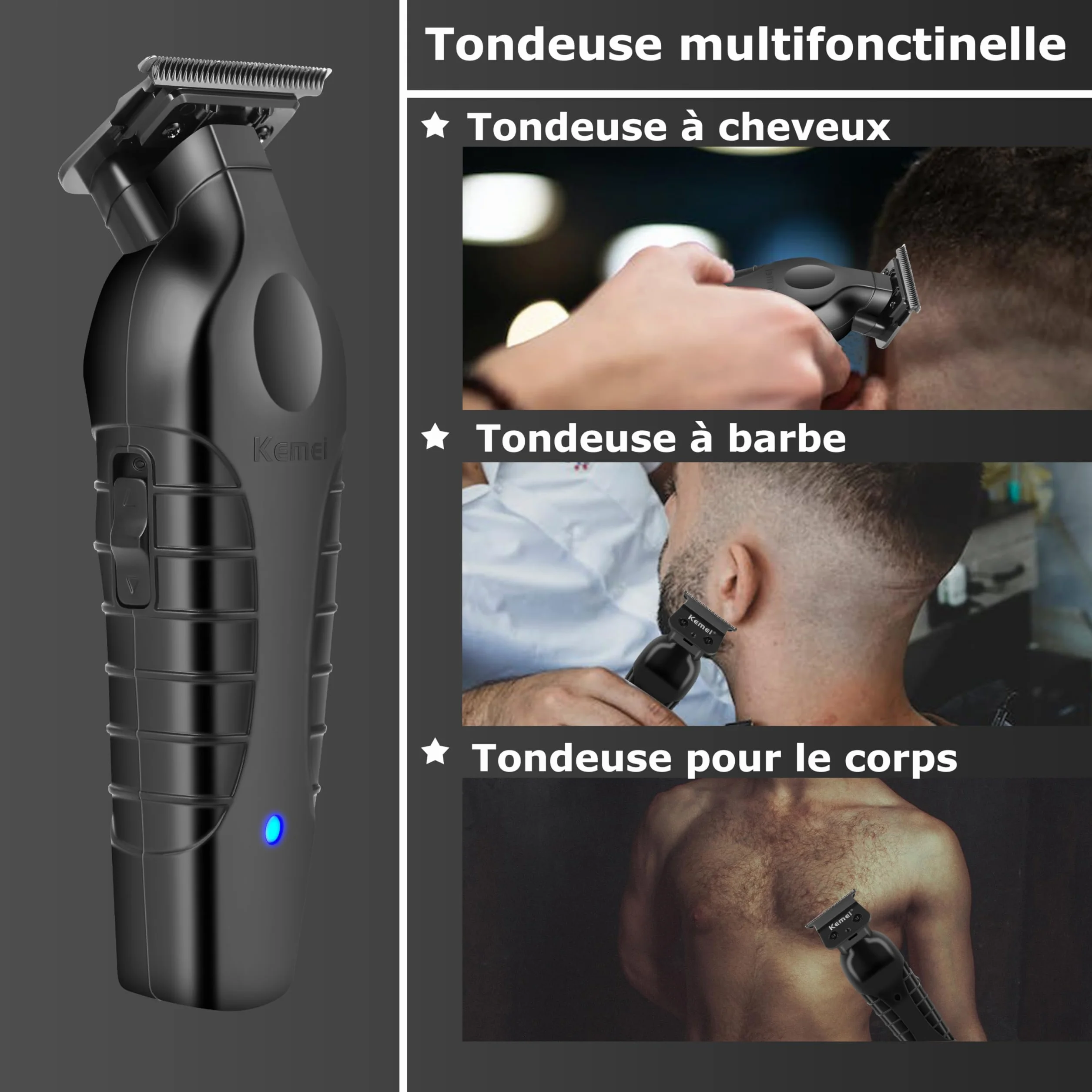Kemei PG2299 Tondeuse à Cheveux Professionnelle Homme, Tondeuse Zéro Écart Lame T Sans Fil Rechargeable