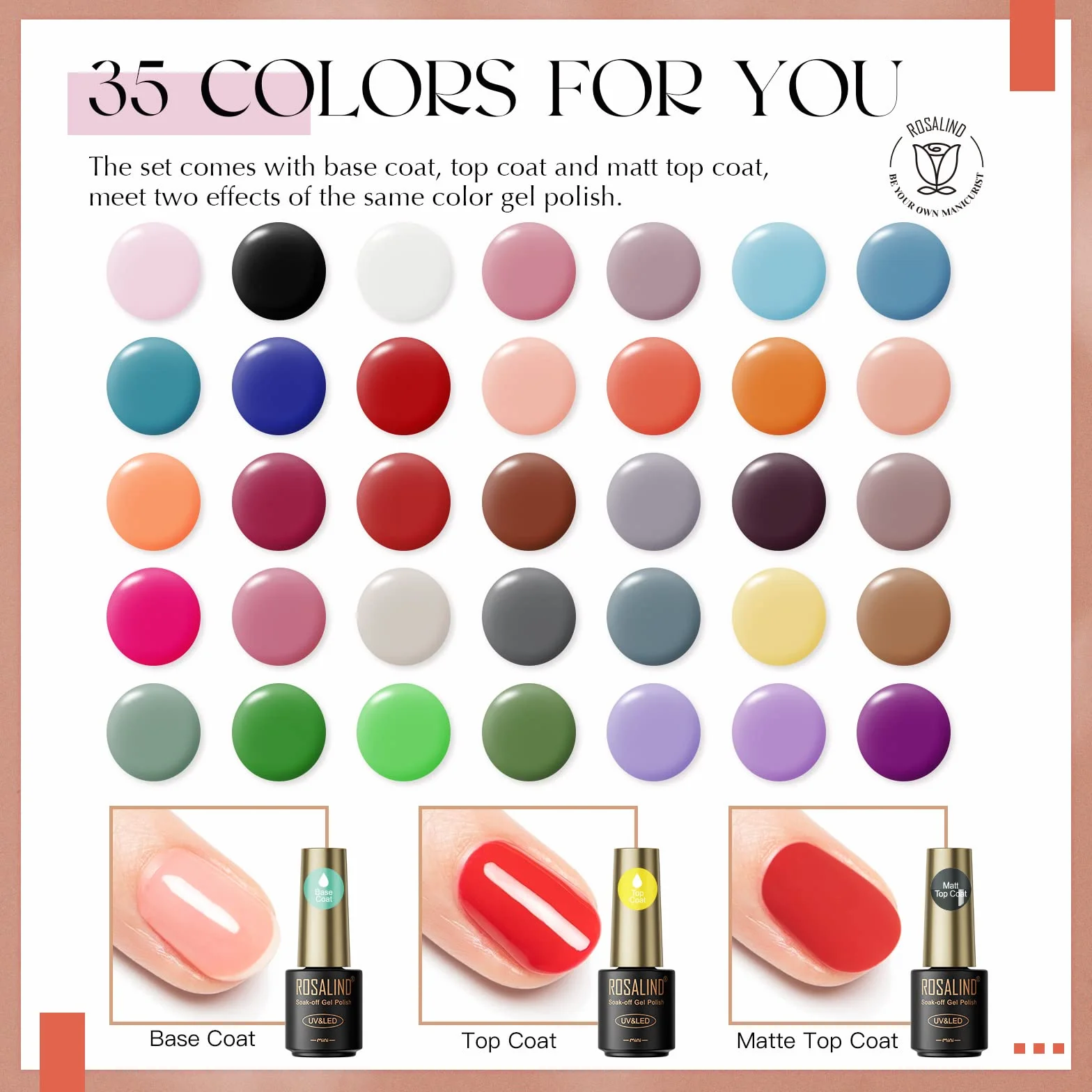 ROSALIND Vernis Semi Permanent 38 Pcs 35 Couleurs Base Top Coat Brillant Matte Gel UV LED