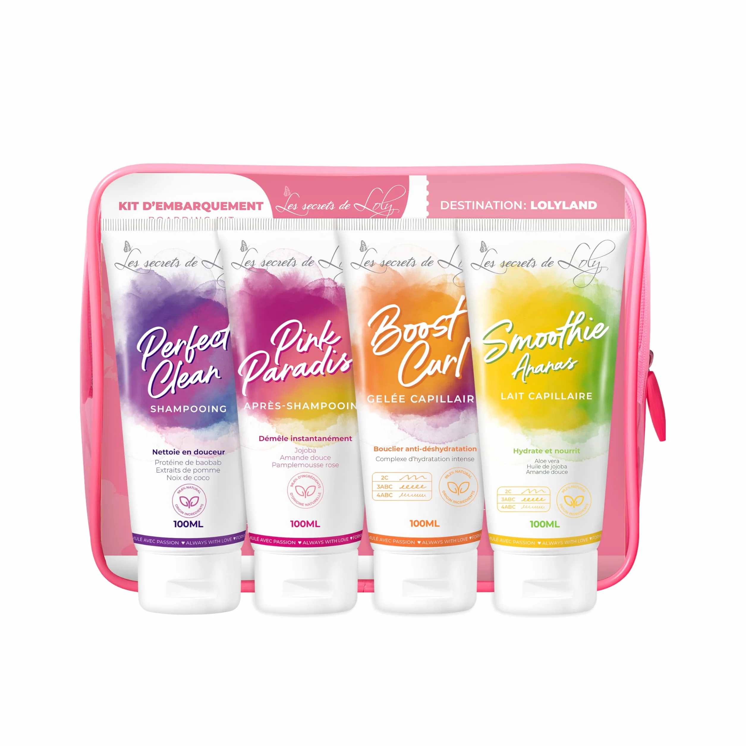 Les Secrets de Loly - Trousse de Voyage Cheveux Frisés - 4 Soins 100ml - Shampooing + Après-Shampooing + Gelée + Lait Capillaire - Format Cabine
