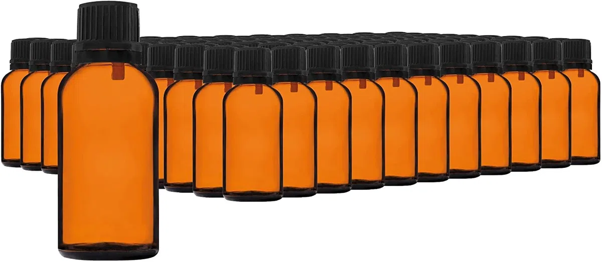 30ml-110 pièces de Flacon à Compte-gouttes - Petit Flacon en Verre Ambré de type Apothicaire avec Bouchon à Compte-gouttes Noir en Verre Brun Ensemble comprenant 5 Accessoires