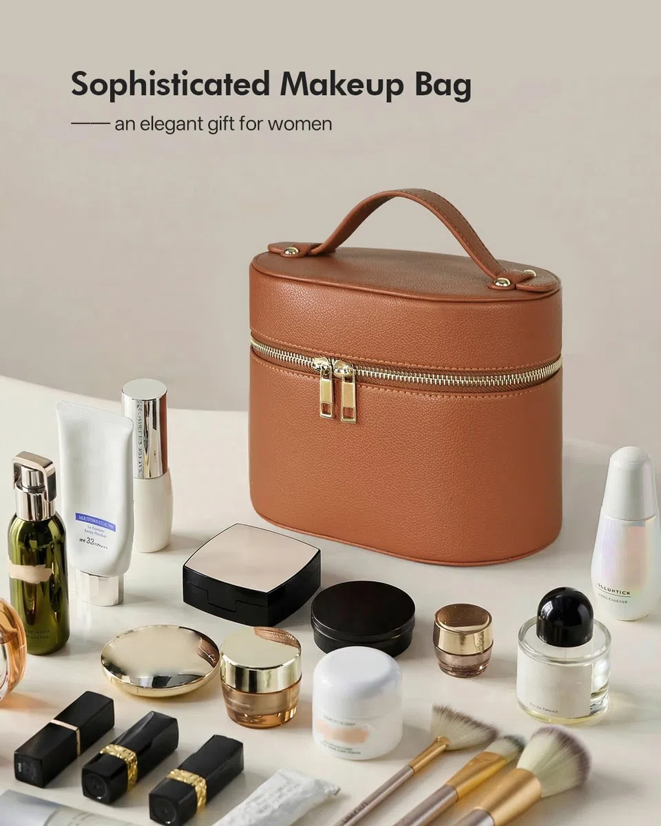 Prite 2 Pcs Trousse Maquillage Femme Vanity Case Voyage Portable Trousse de Toilette Cuir Rigide avec Séparateur et Trousse à Brosse Amovibles (Marron)