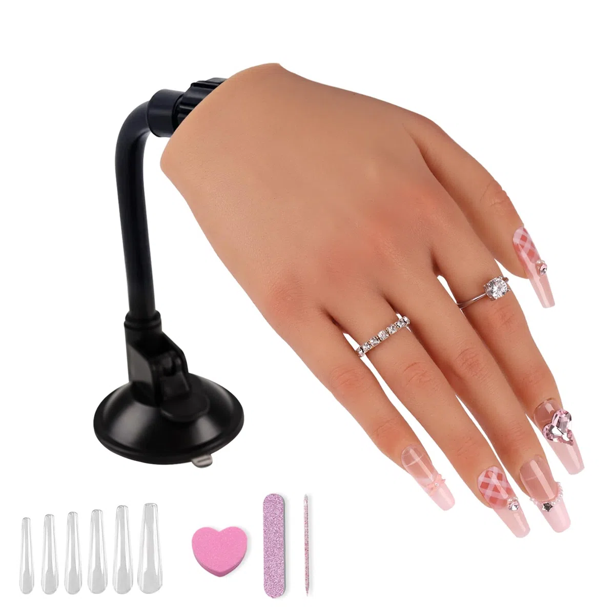 KnowU Main d'entrainement Manucure, Main d'entraînement En Silicone Pour Ongles En Acrylique, Fausse Main, Modèle Féminin Doux Et Pliable, Main d'entraînement Grandeur Nature Avec Support