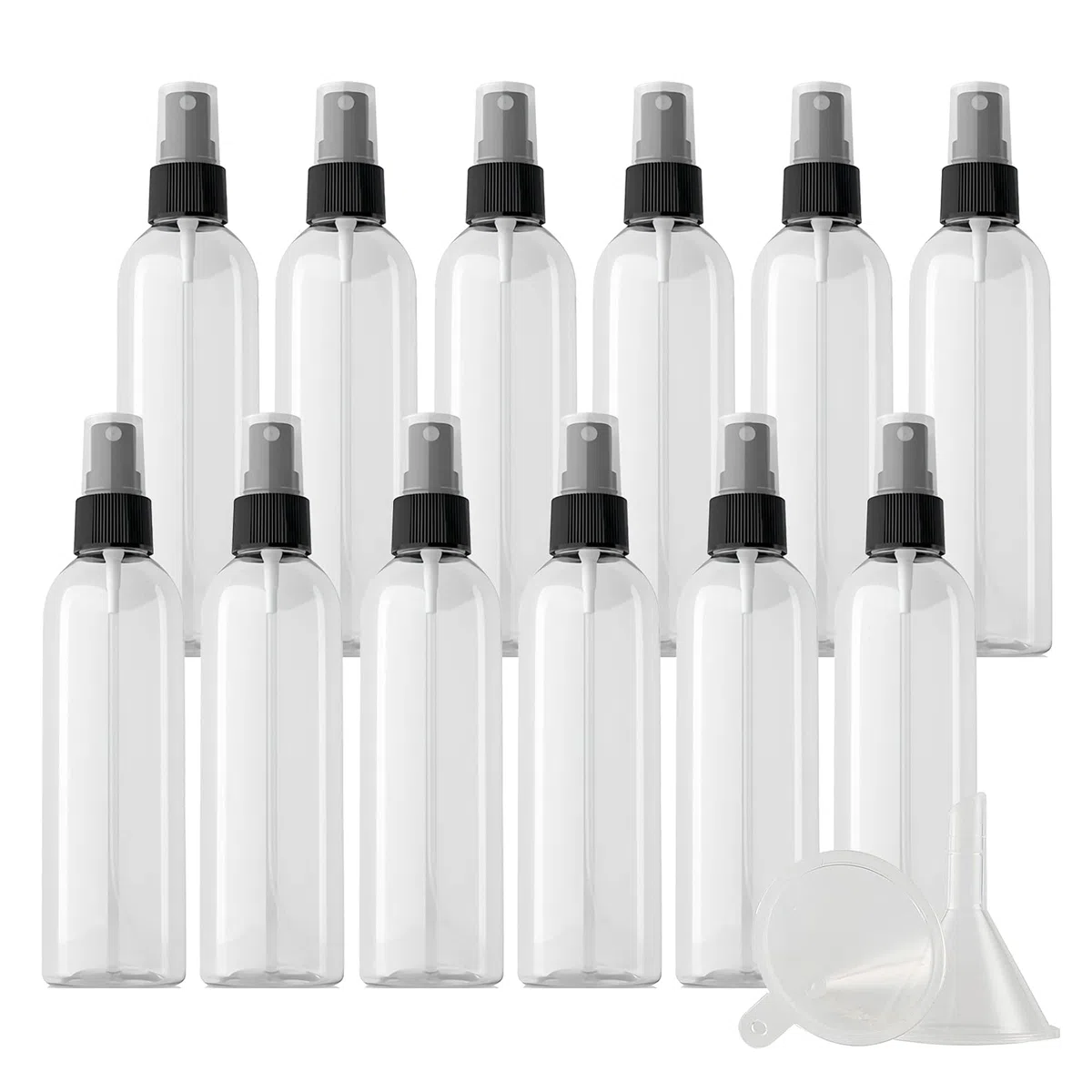 24 Pièce Vide 200ml Transparent Flacons Vaporisateur Avec Pulvérisateur Noir, 200 ml Bouteille de Spray Parfum Rechargeable Flacon de Parfum pour le voyage à la maison + 3 x Entonnoir
