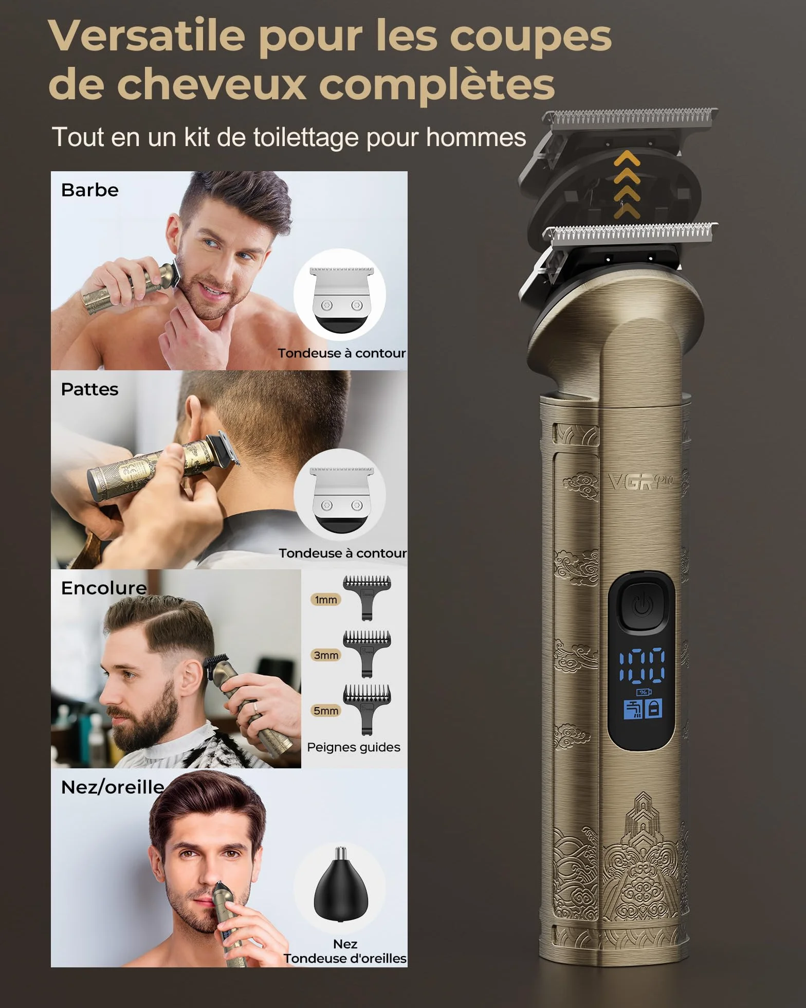 Tondeuse Cheveux Hommes Professionnelle Sans Fil VGRPRO Kit avec T-lames Trimmer Homme Électrique