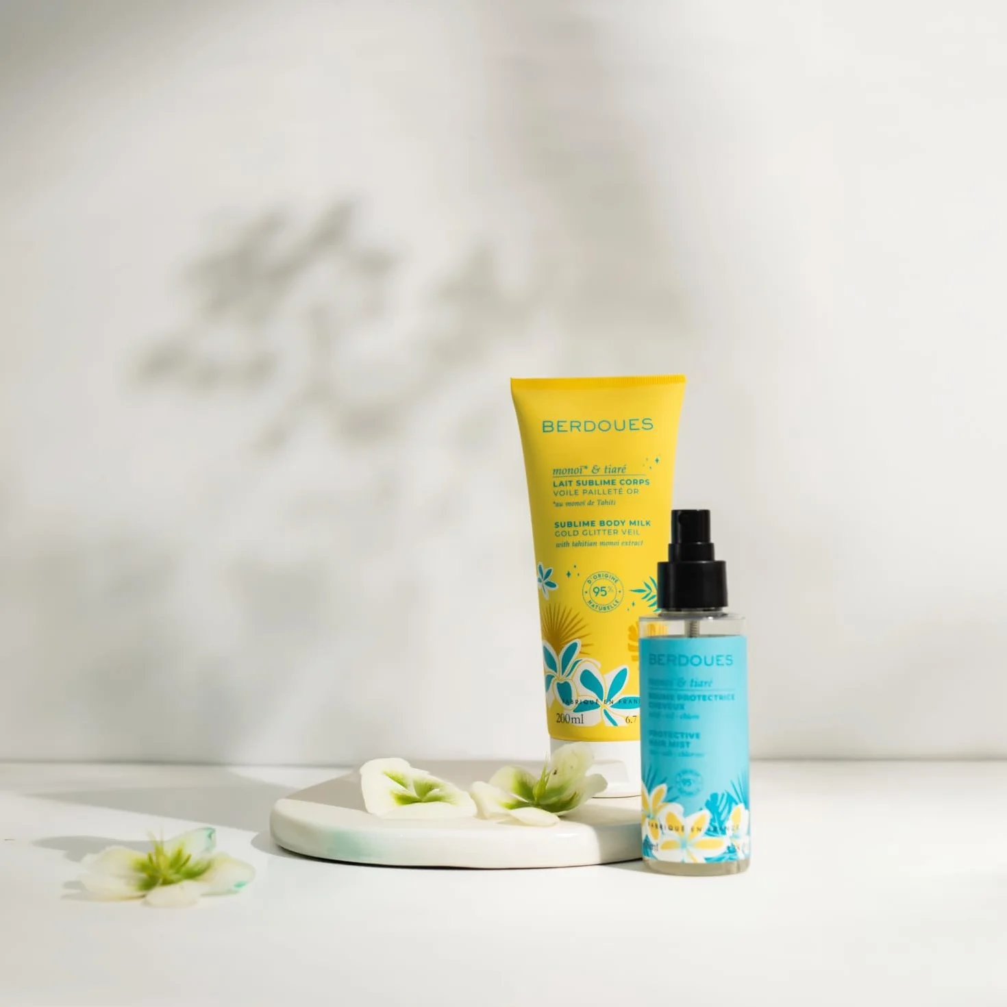BERDOUES Brume parfumée protectrice cheveux 100 ml Lait corps pailleté 200 ml Parfum Monoï Tiaré femme 95% naturelle Vegan Made in France