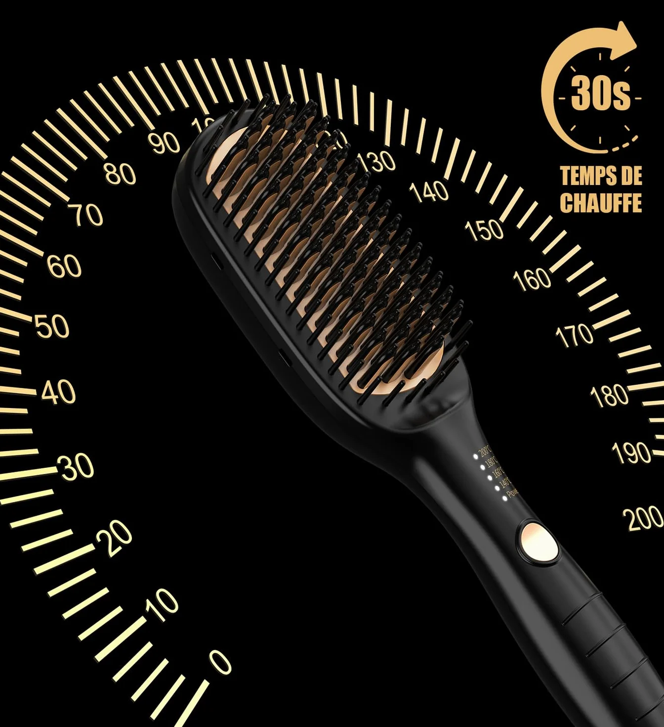 Lisseur Cheveux Professionnel Brosse Lissante 4 Températures 140-200°C Ions Négatifs Or
