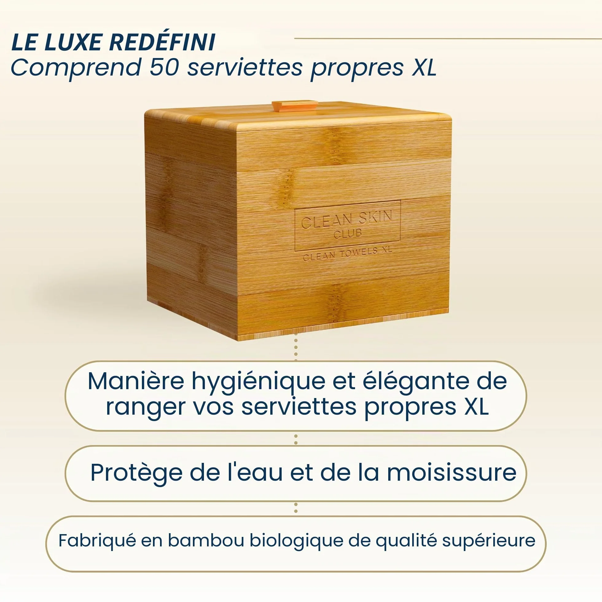 Clean Skin Club Récipient en bambou avec couvercle, 50 serviettes jetables Clean Towels XL Original