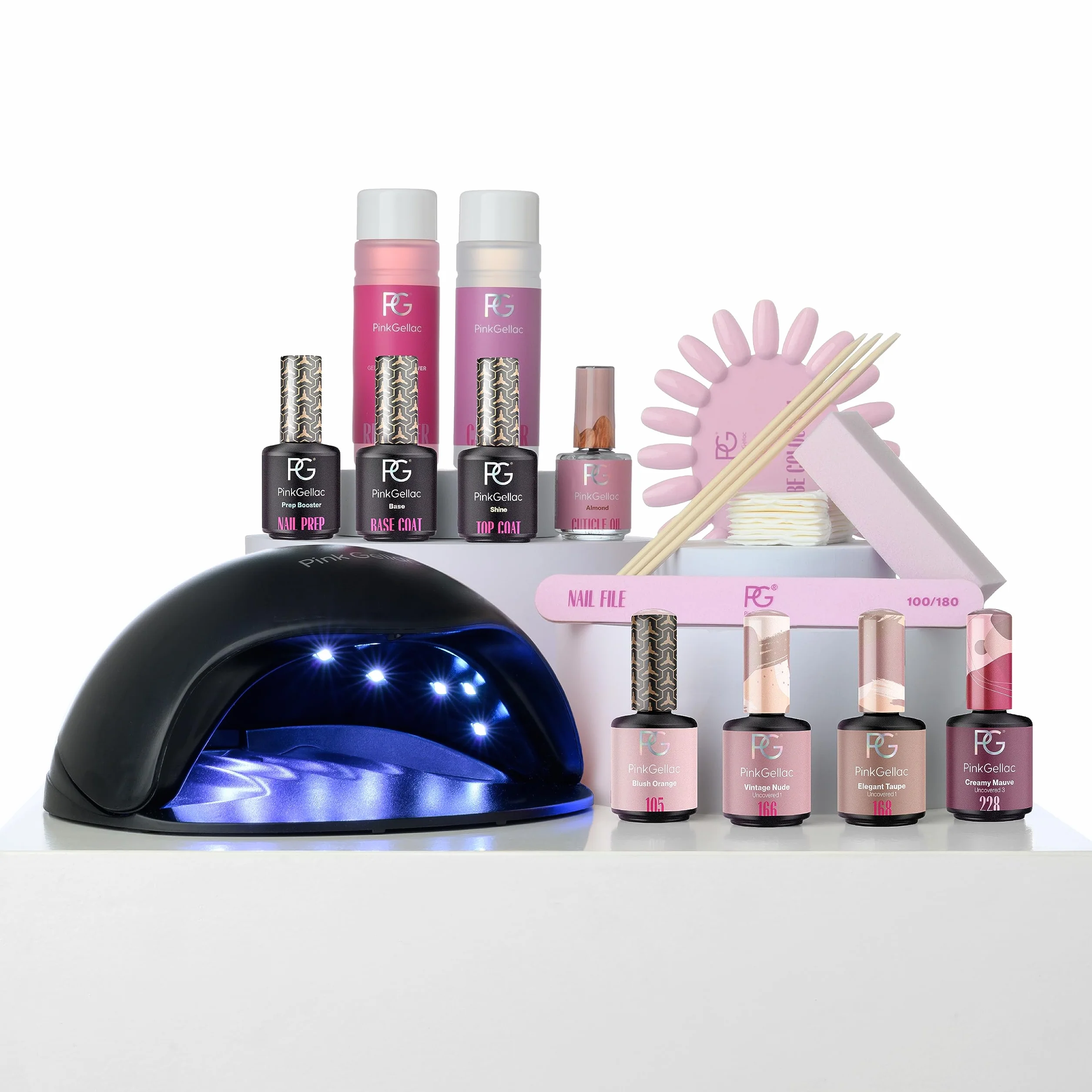 Pink Gellac Manucure Kit Semi Permanent avec Lampe UV LED Noir, 4x Teintes Roses 15 ml, Top & Base Coat Gel UV, Dissolvant et Cleaner