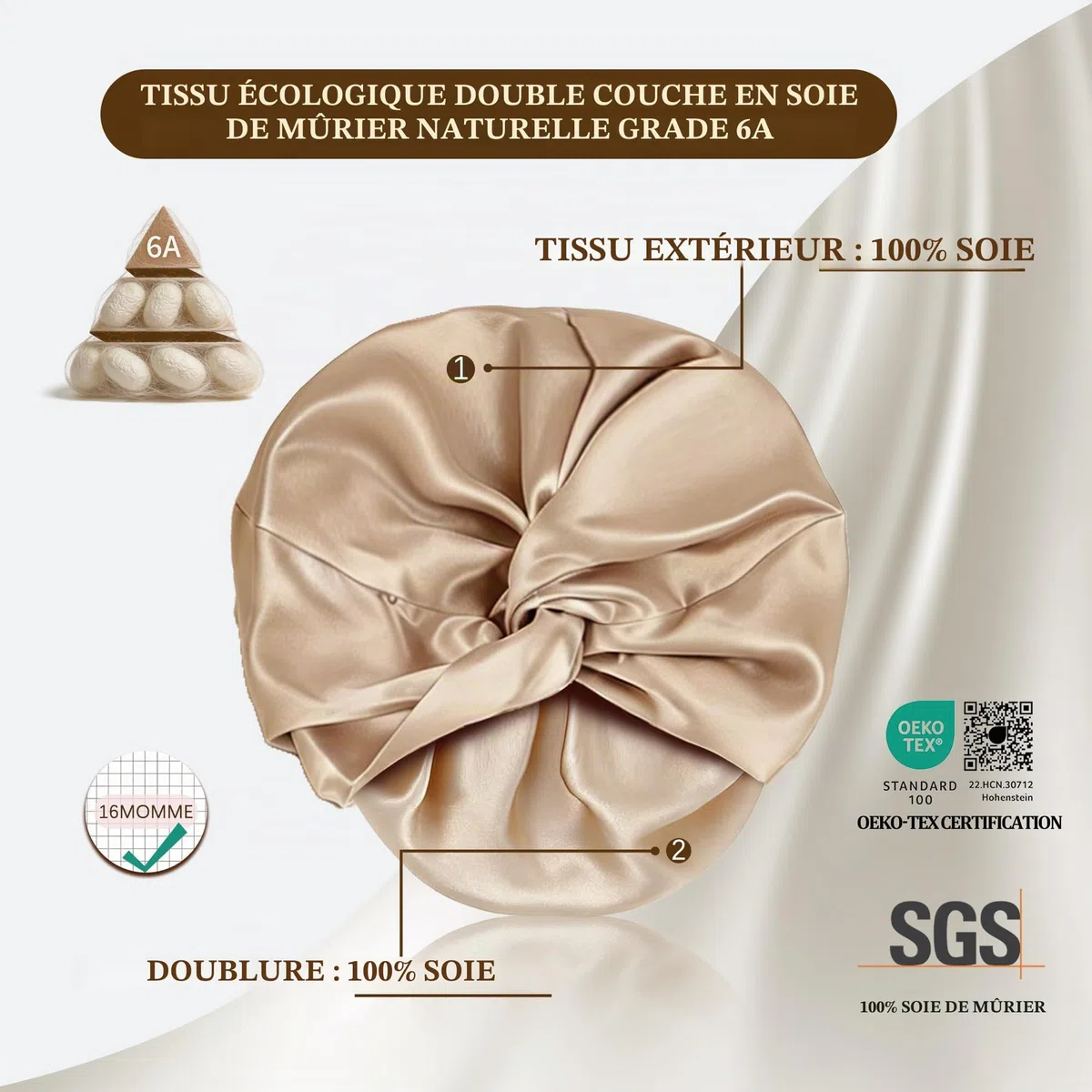 townssilk Bonnet de nuit 100% soie de mûrier pour femme, bonnet de nuit 16 momme en soie, bon pour les cheveux, protège les cheveux, bonnet de nuit en soie, double couche,coffee