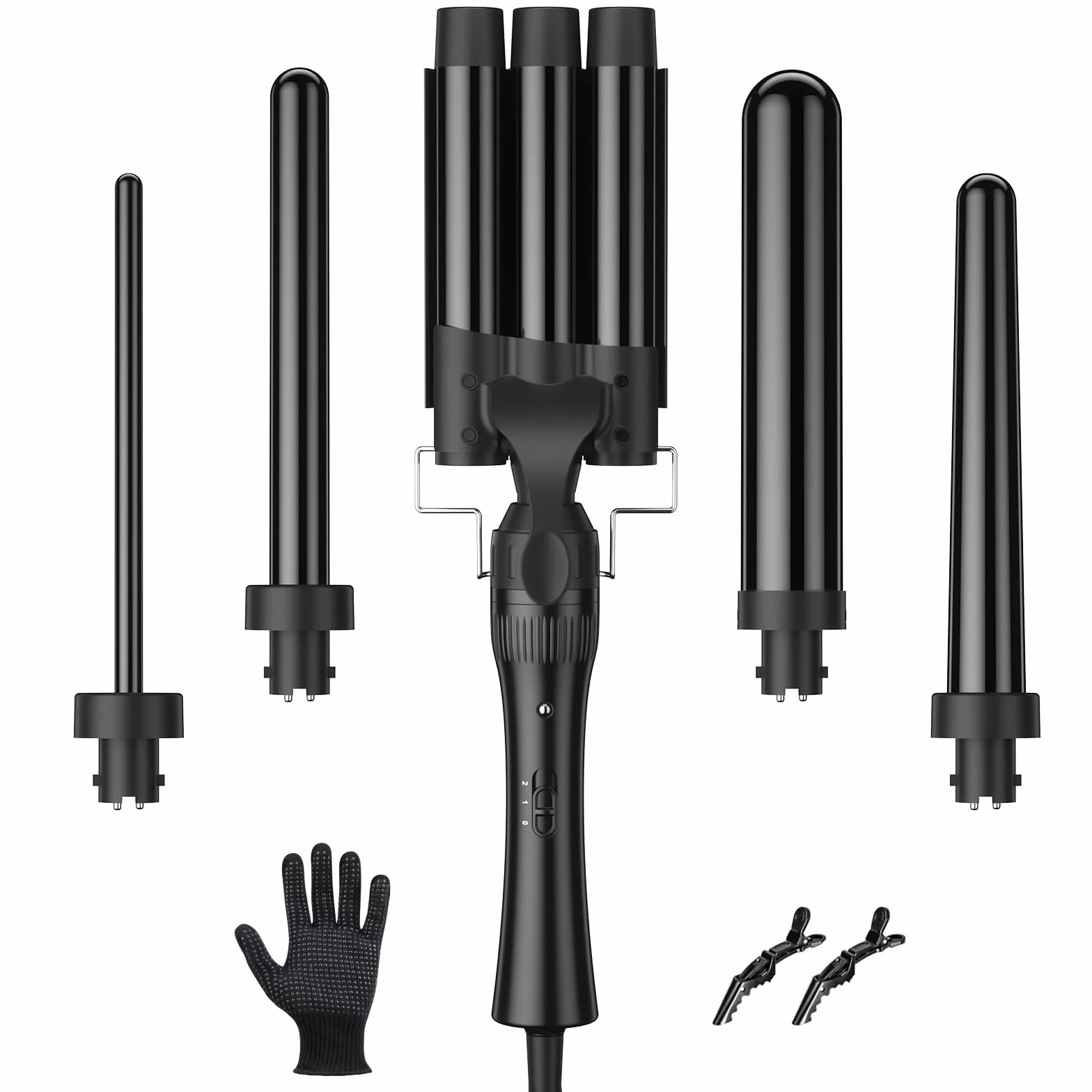 ELEHOT-Store Boucleur a Cheveux 3 Tete à Température Réglable, Fers à Vagues avec Chauffage Rapide PTC, Fer à Friser Ceramique 10-32mm, Fer à Boucler 5 en 1 pour Cheveux Court Longs, 2 Clips