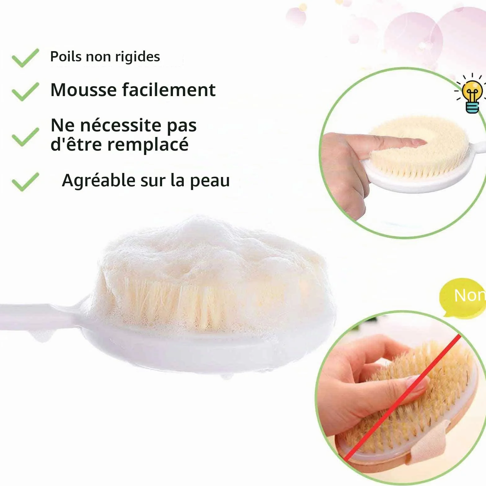Brosse dorsale à long manche poils doux exfoliation douce santé de la peau