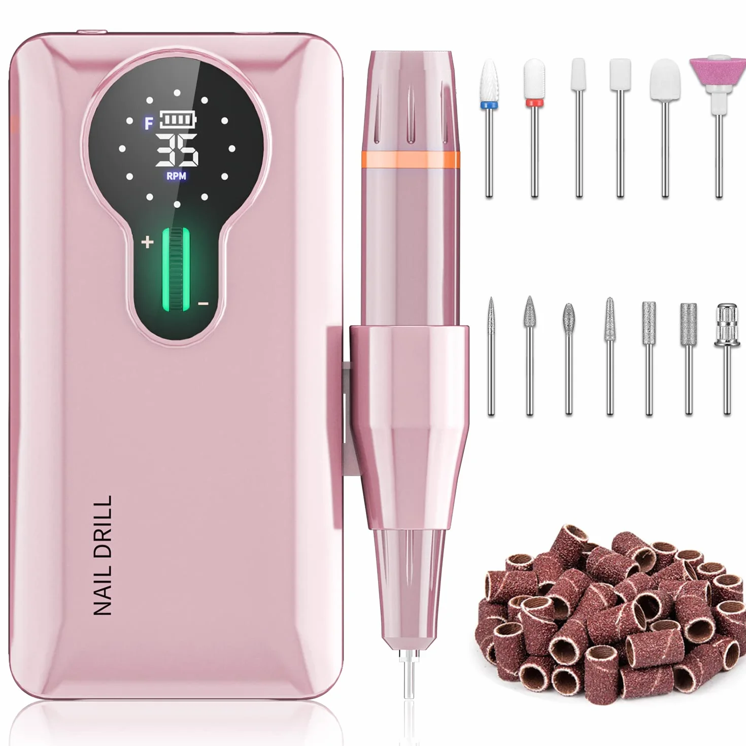 Ponceuse pour Ongles Professionnelle 35000 RPM, Autonomie 20H Lime à Ongles Électrique Rechargeable, Kit Manucure Sans Fil avec 13 Embouts & 56 Bandes Abrasives, Écran LCD, Rose (Pro)